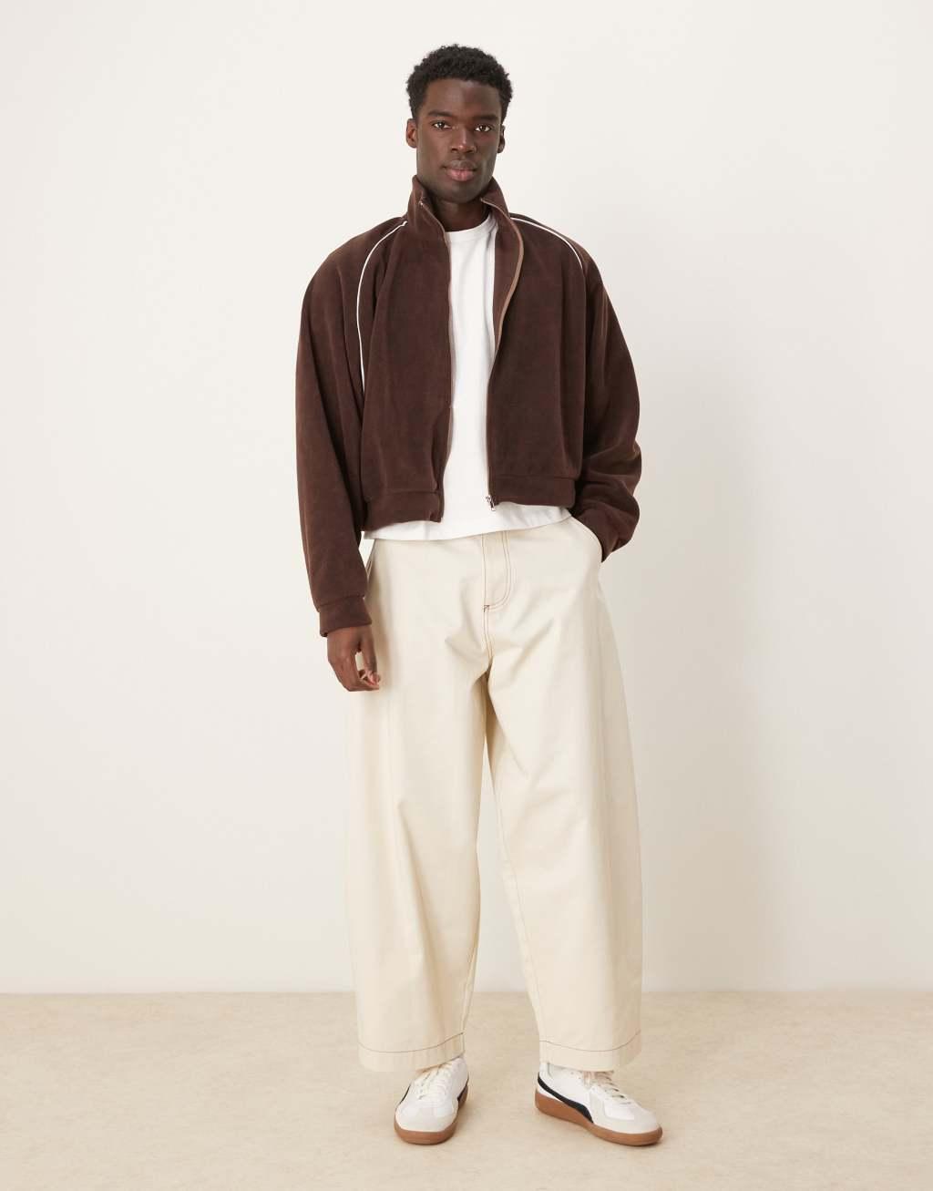 ASOS DESIGN extreme oversize cropped track jacket in brown fleece Product Image
