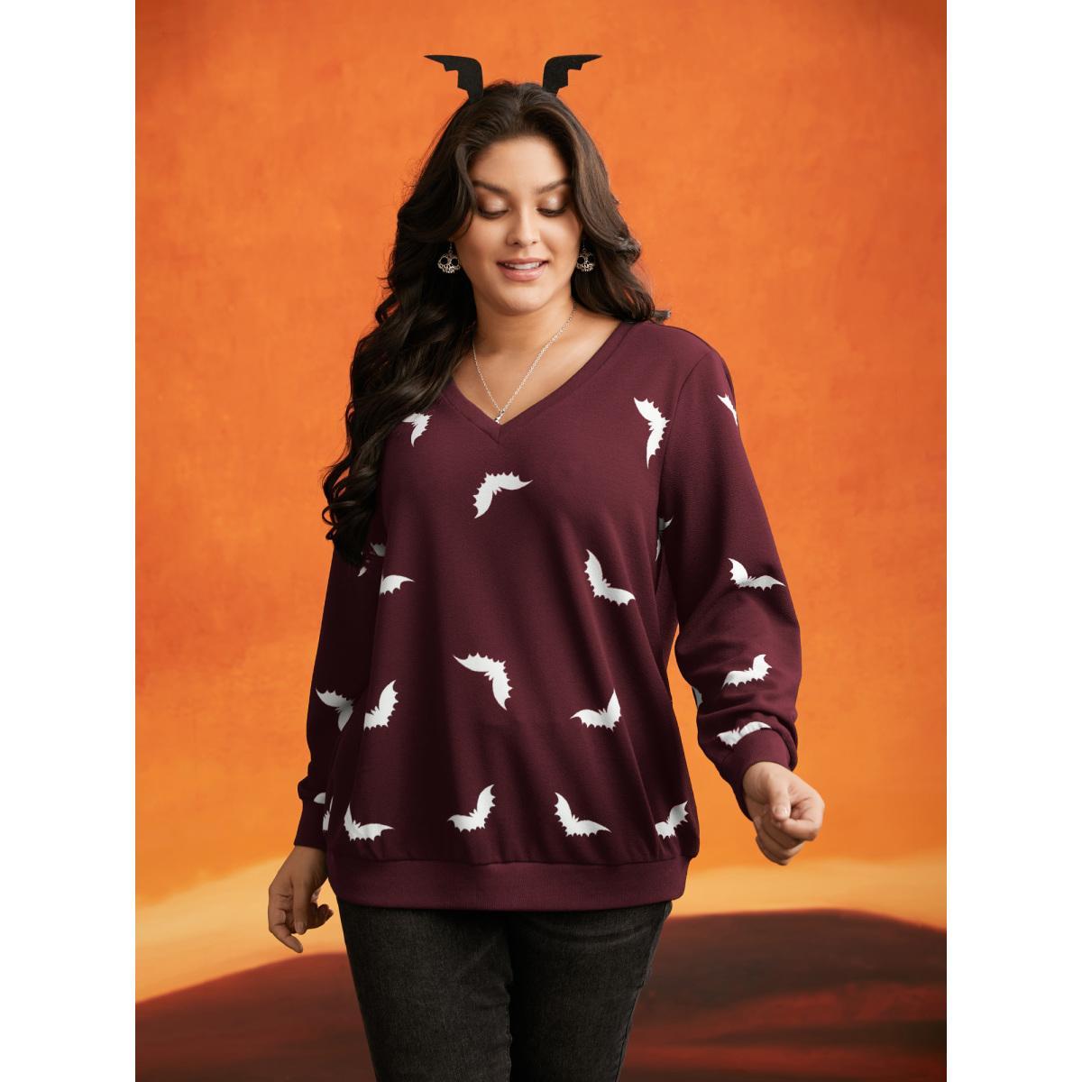 Plus Size Bat Print V-Neck Sweatshirt Women Scarlet Casual Patchwork Loose V-neck Everyday Sweatshirts BloomChic 10/M Product Image