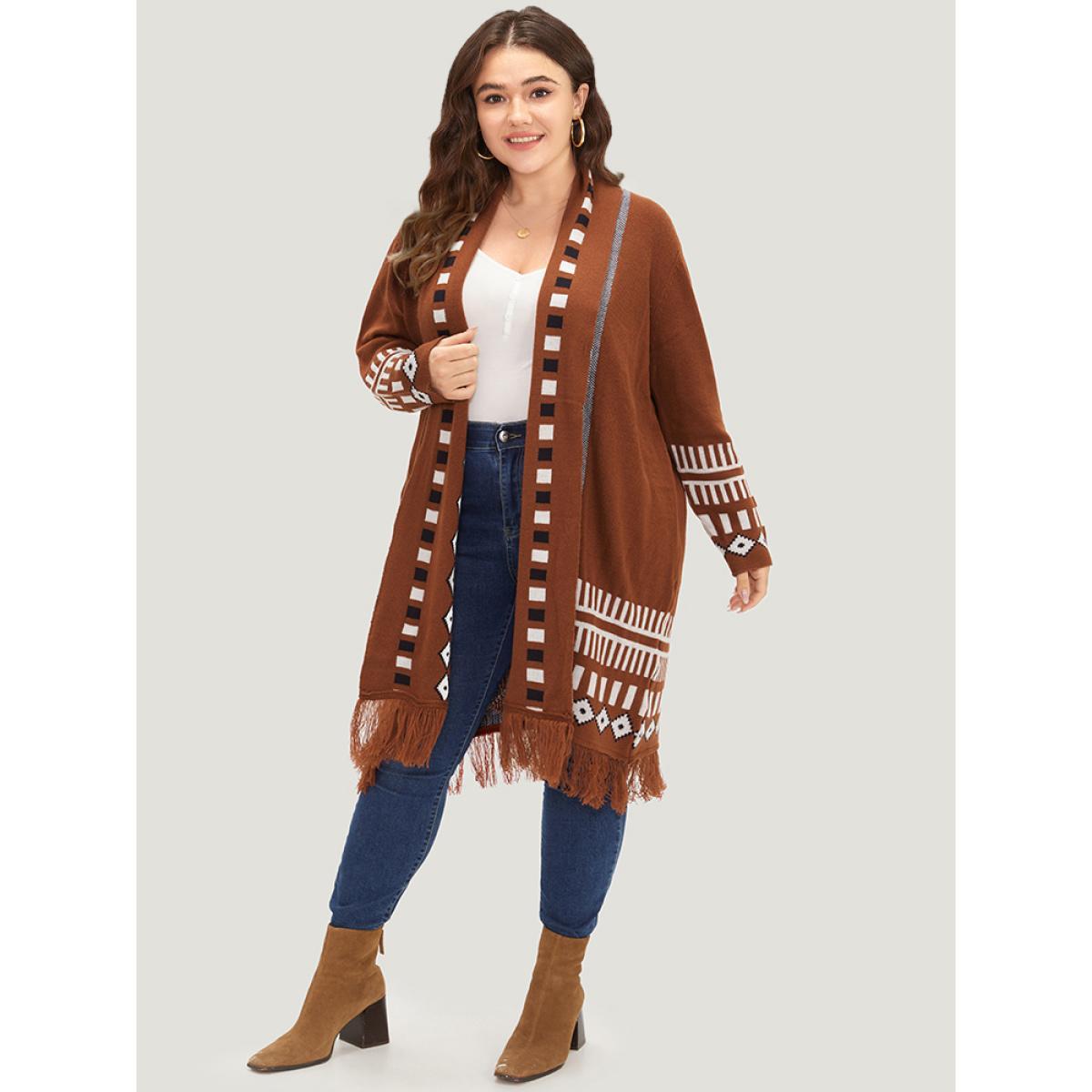 Plus Size Geometric Tassel Trim Open Front Cardigan Maroon Women Casual Loose Long Sleeve Dailywear Cardigans BloomChic 10/M Product Image