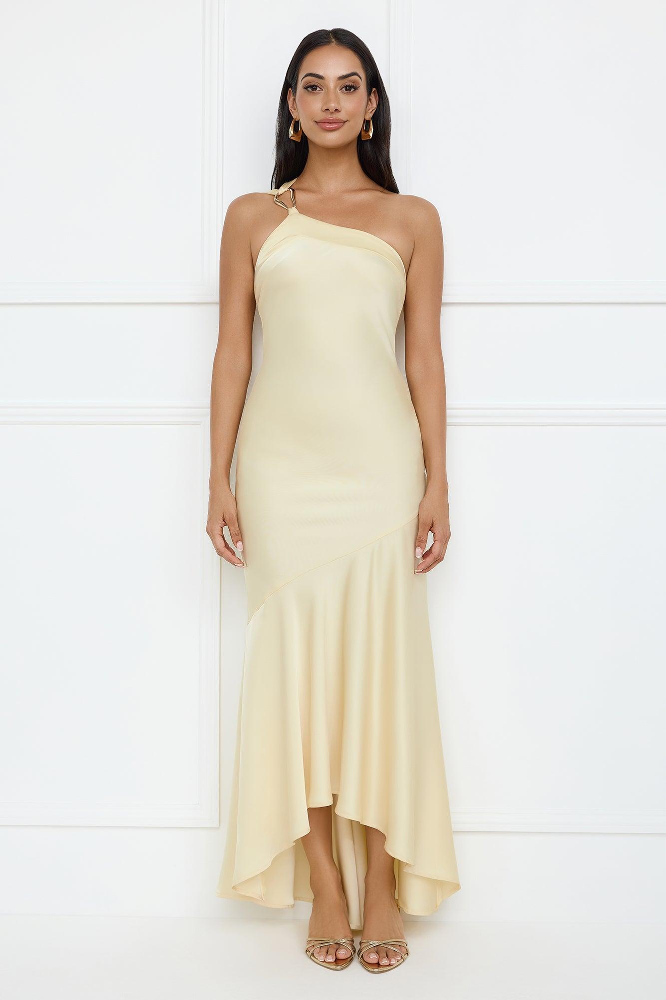 Masquerade Energy One Shoulder Satin Maxi Dress Yellow Product Image
