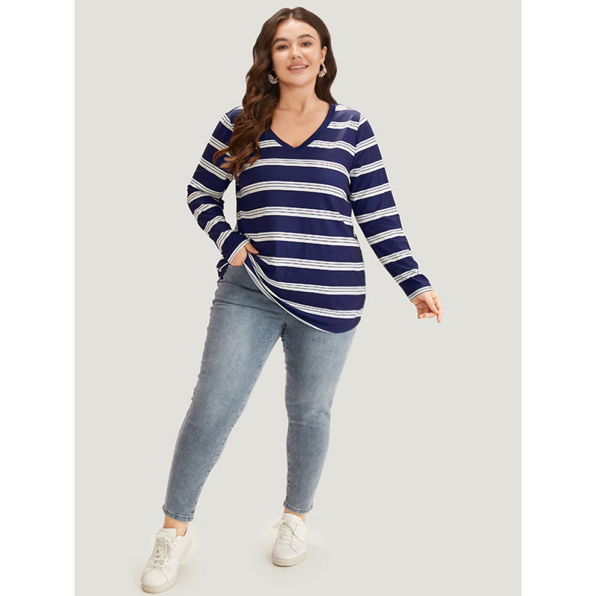 Plus Size Striped Print V Neck T-shirt DarkBlue Women Casual Printed Striped V-neck Dailywear T-shirts BloomChic 18-20/2X Product Image