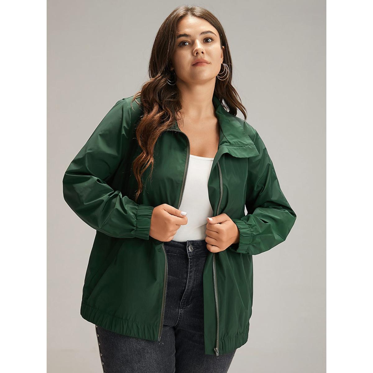 Plus Size Wind-Resistant Plain Zipper Fly Pocket Jacket Women DarkGreen Elastic cuffs Pocket Dailywear Jackets BloomChic 28/5X Product Image