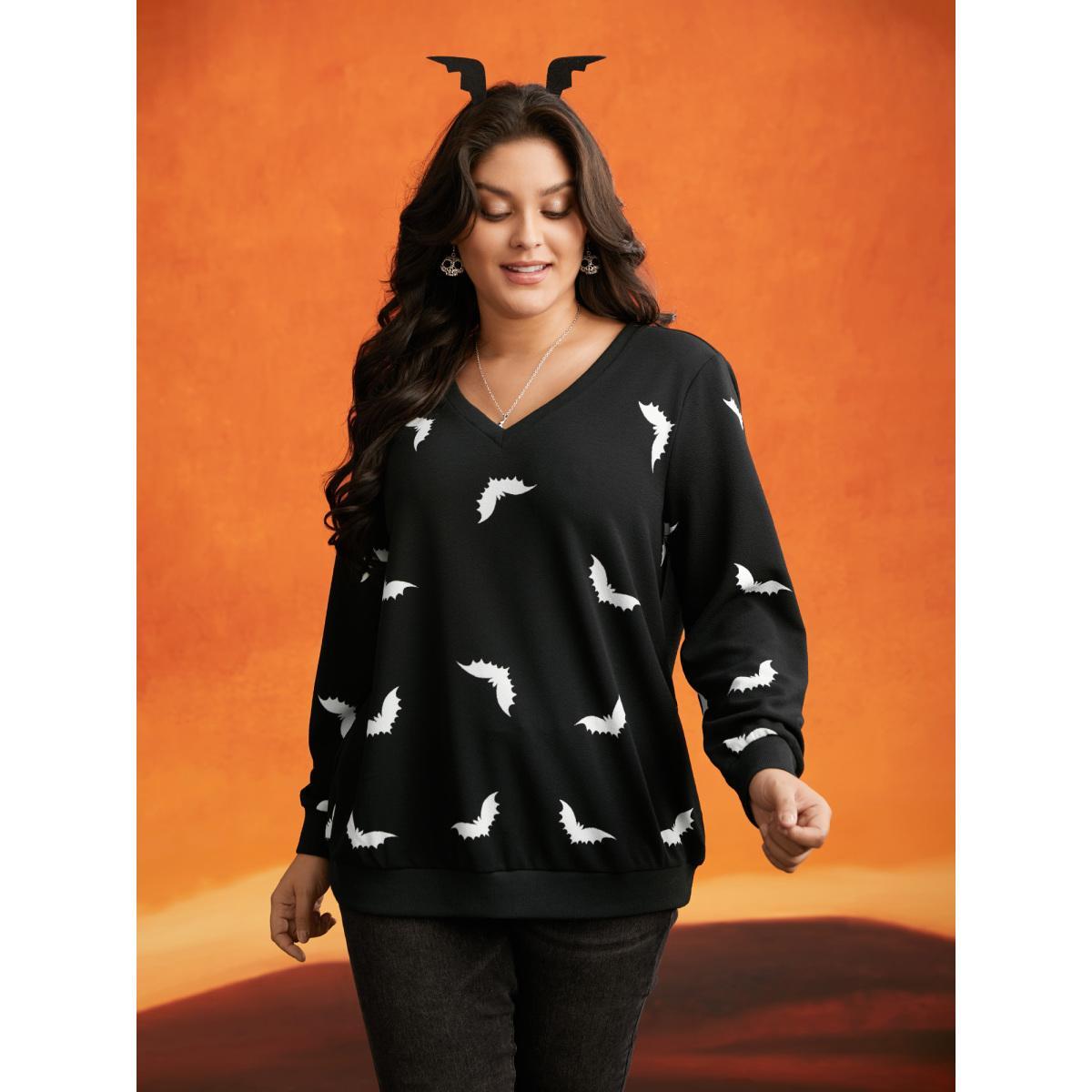 Plus Size Bat Print V-Neck Sweatshirt Women Black Casual Patchwork Loose V-neck Everyday Sweatshirts BloomChic 28/5X Product Image