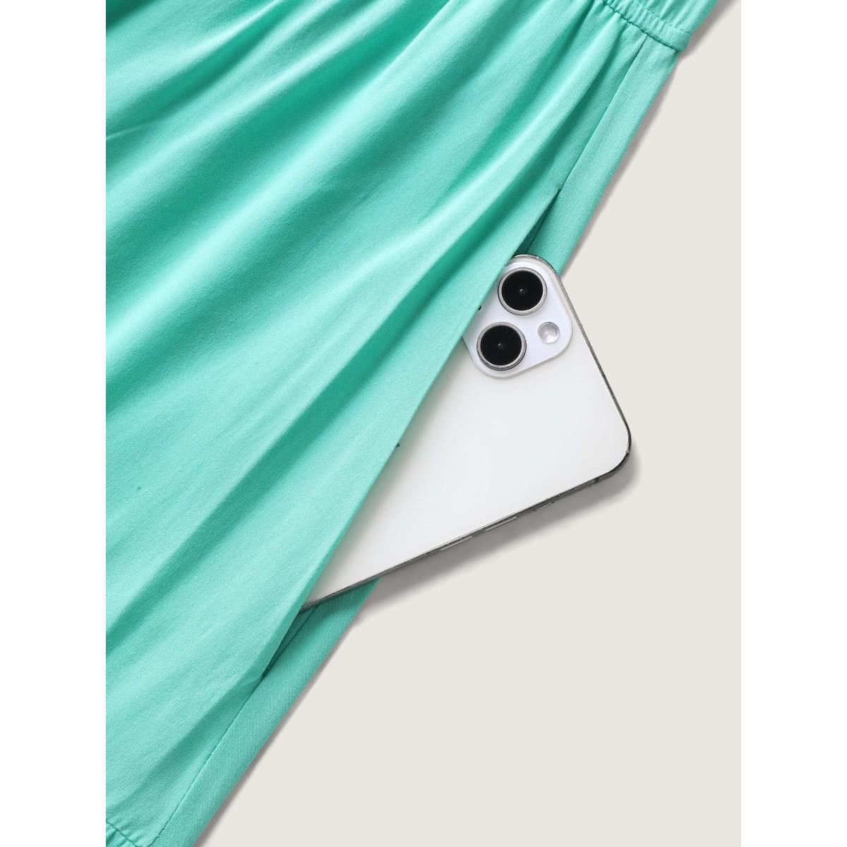 Plus Size Cotton Embroidered Tie Pockets Midi Dress Malachitegreen Women V-neck Cap Sleeve Curvy BloomChic 10/M Product Image
