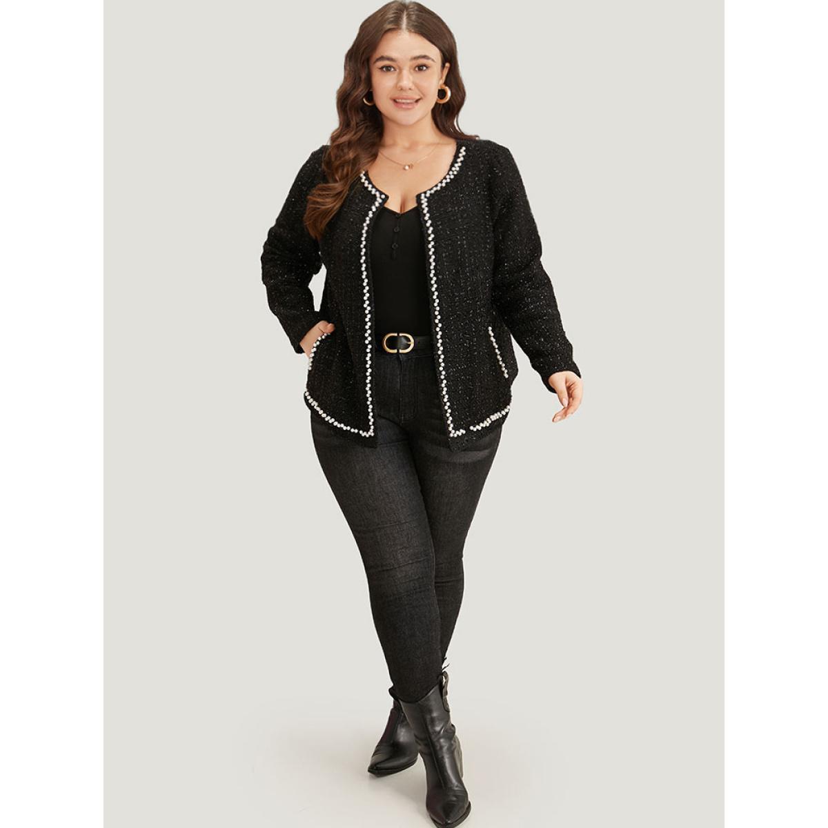 Plus Size Pearl Tweed Beaded Texture Pocket Blazer Women Black Elegant Texture Ladies Dailywear Winter Coats BloomChic 14-16/1X Product Image