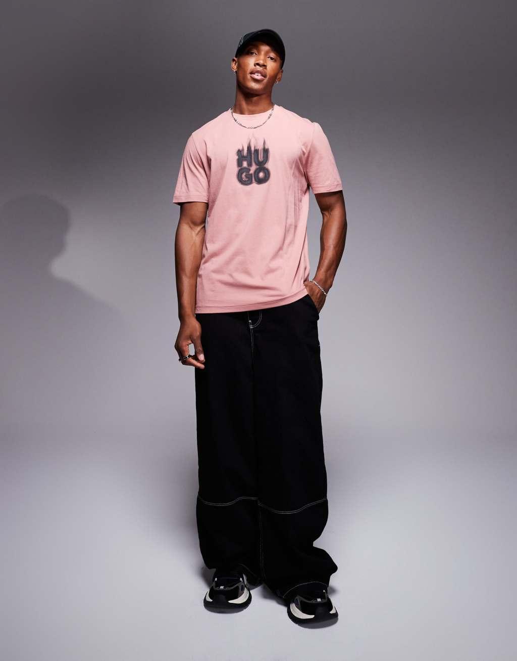 HUGO Red delayer chest print t-shirt with smoked stacked logo in pink Product Image