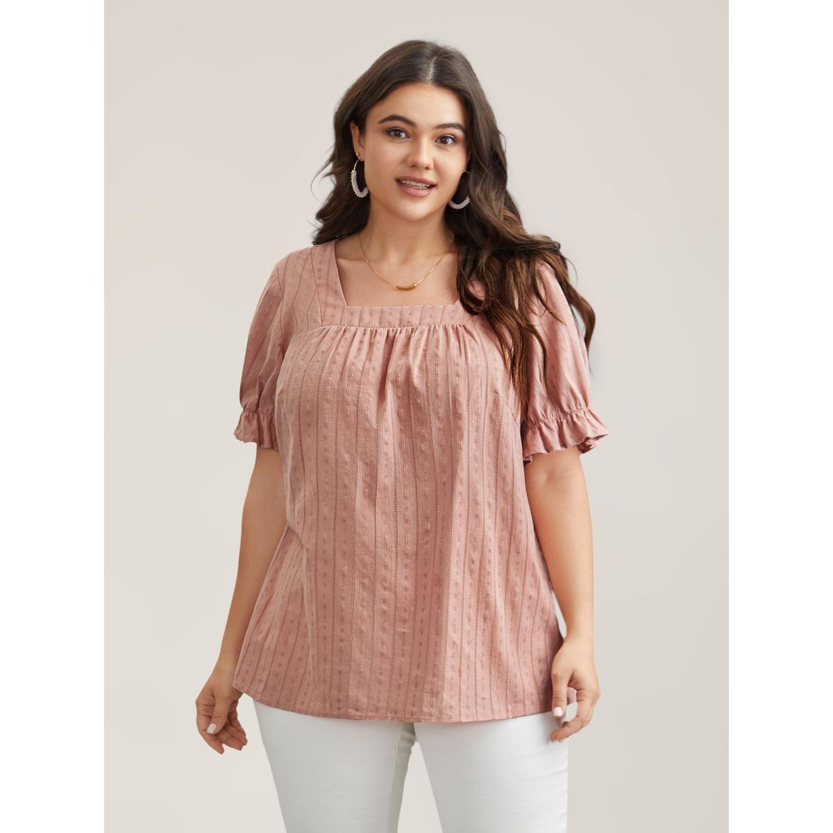 Plus Size Dirtypink Cotton Square Neck Ruffled Sleeve Shirt Women Elegant Short sleeve Square Neck Everyday Blouses BloomChic 26/4X Product Image