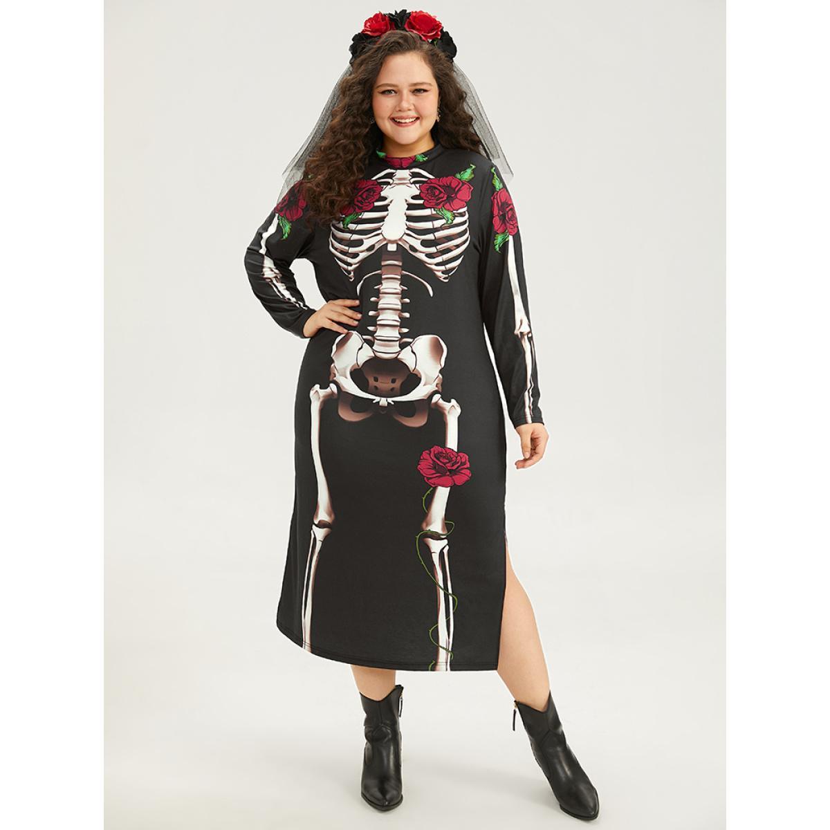 Plus Size Halloween Mock Neck Skull Print Split Hem Dress Black Women Casual Printed Mock Neck Long Sleeve Curvy Midi Dress BloomChic 30/6X Product Image
