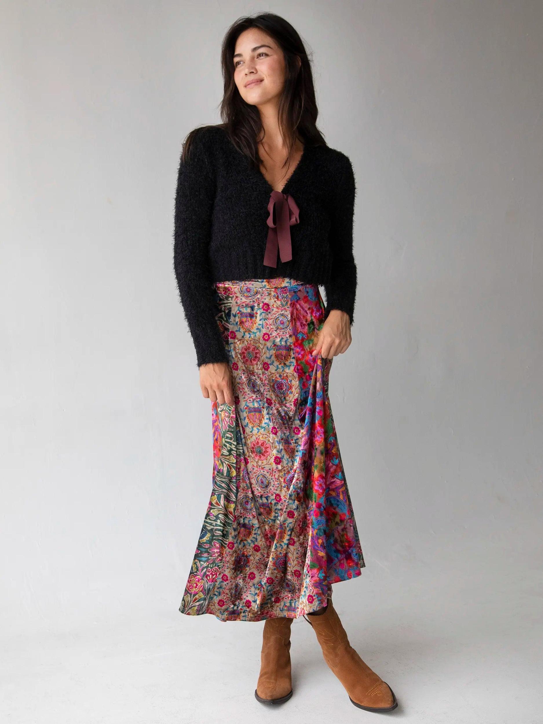 Valentina Velvet Maxi Skirt - Green Cream Red Mixed Floral Product Image