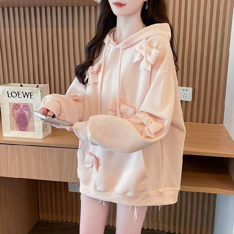 Plain Bow Accent Oversized Hoodie Product Image