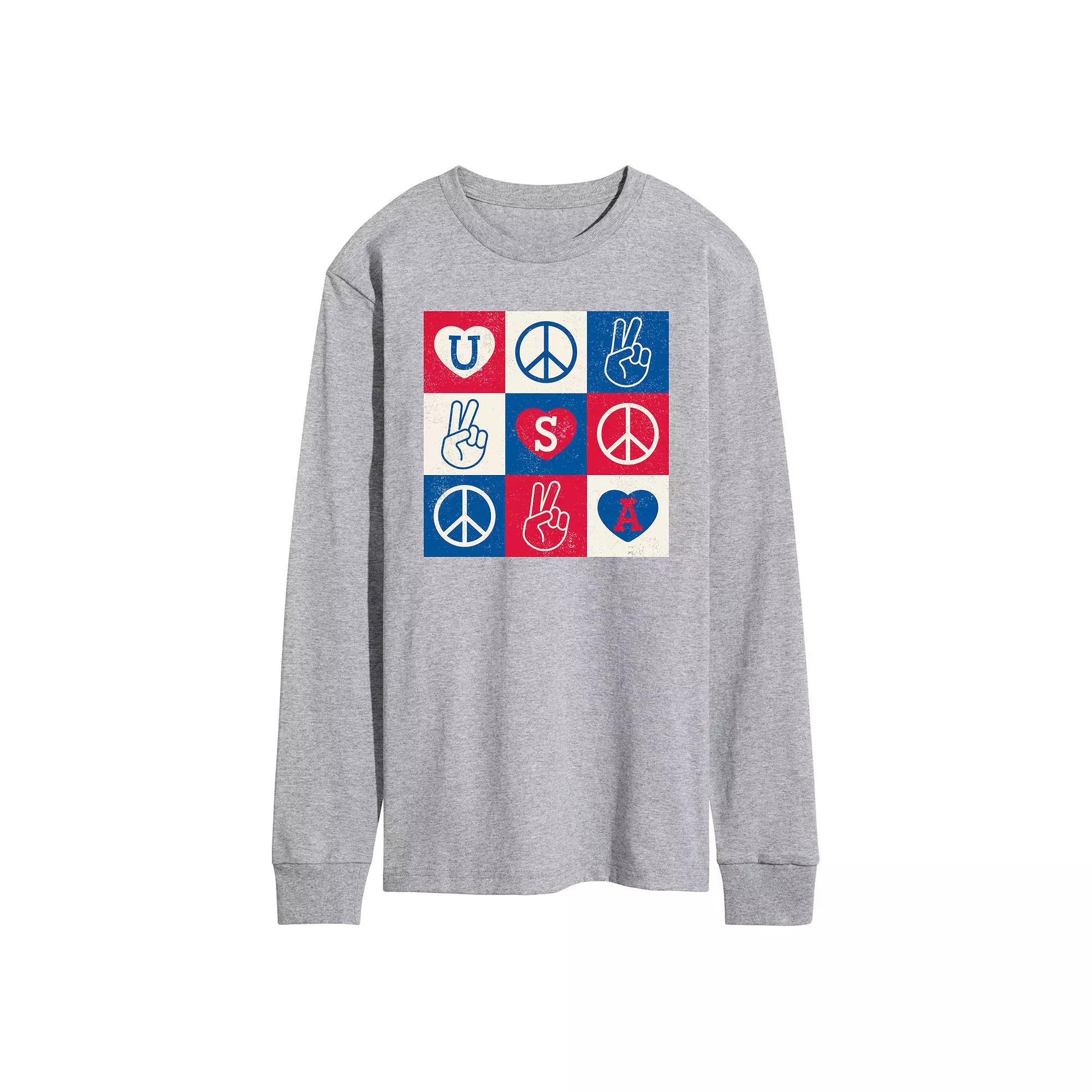 Mens USA Peace Grid Long Sleeve Graphic Tee. Grey Gray Product Image