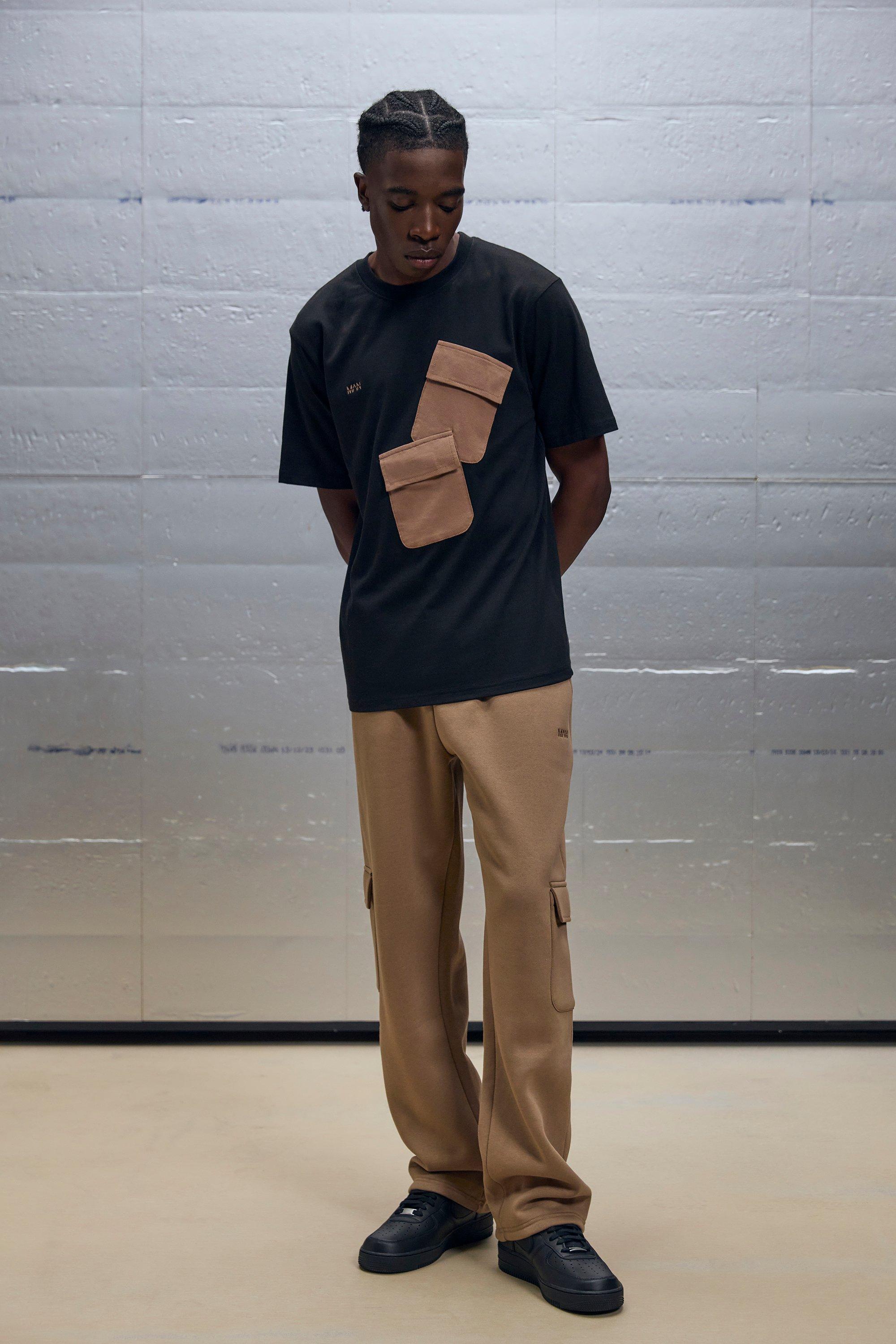 Mens Cream Regular Fit Placement Pocket T-shirt & Jogger Set, Cream Product Image