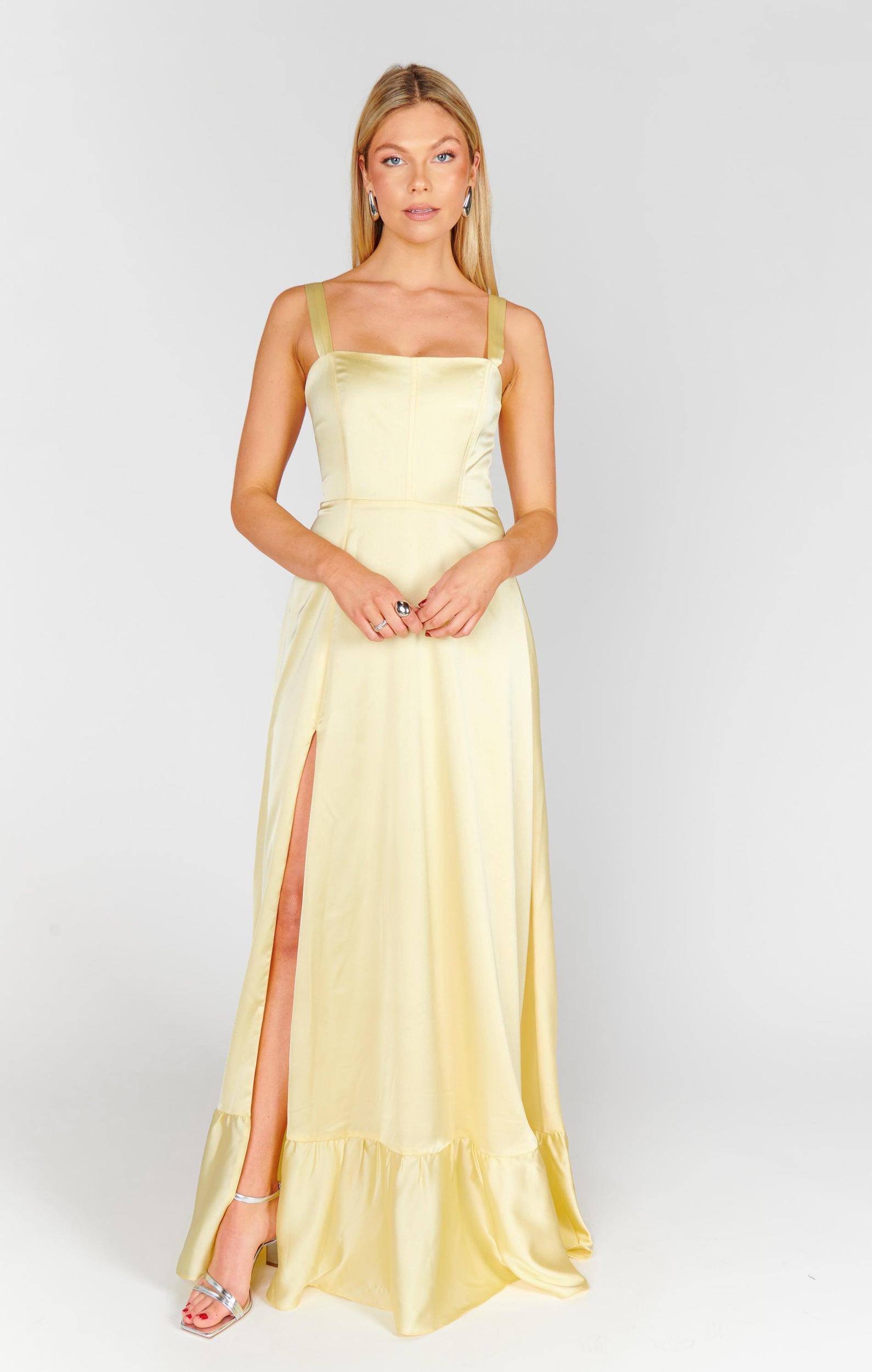Clarissa Corset Dress ~ Pale Yellow Luxe Satin Product Image