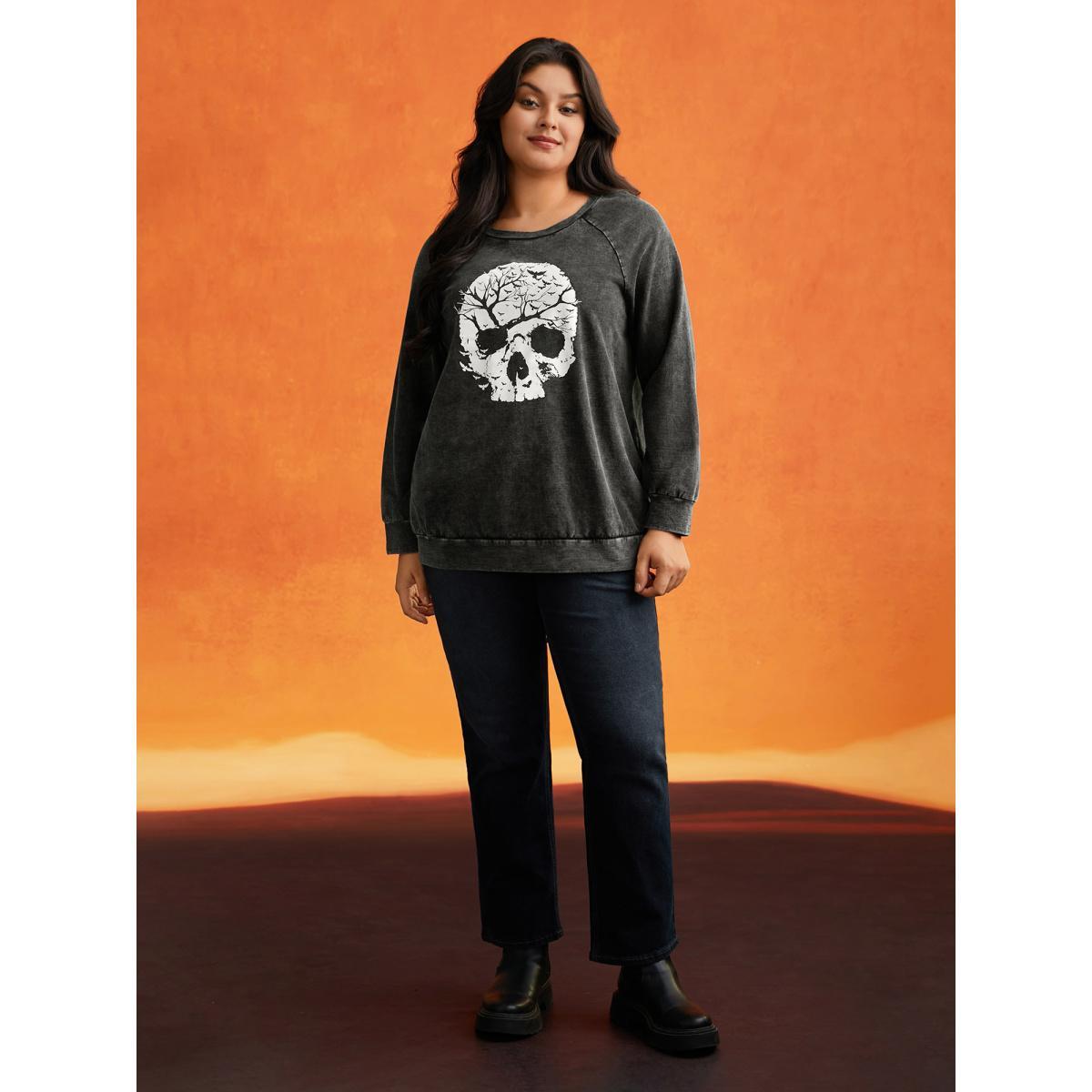 Plus Size Retro Wash Cotton Sweatshirt Women Black Casual Non Round Neck Everyday Sweatshirts BloomChic 18-20/2X Product Image