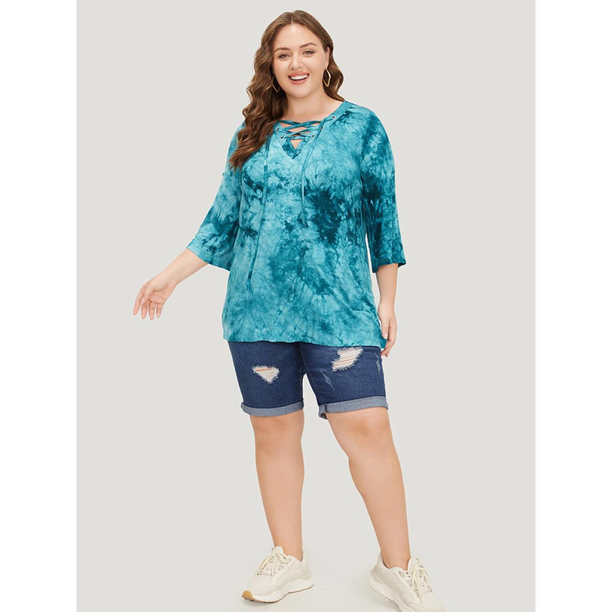 Plus Size Tie Dye Roll Sleeve Lace Up T-shirt Cerulean Women Casual Tie Dye V-neck Dailywear T-shirts BloomChic 26/4X Product Image
