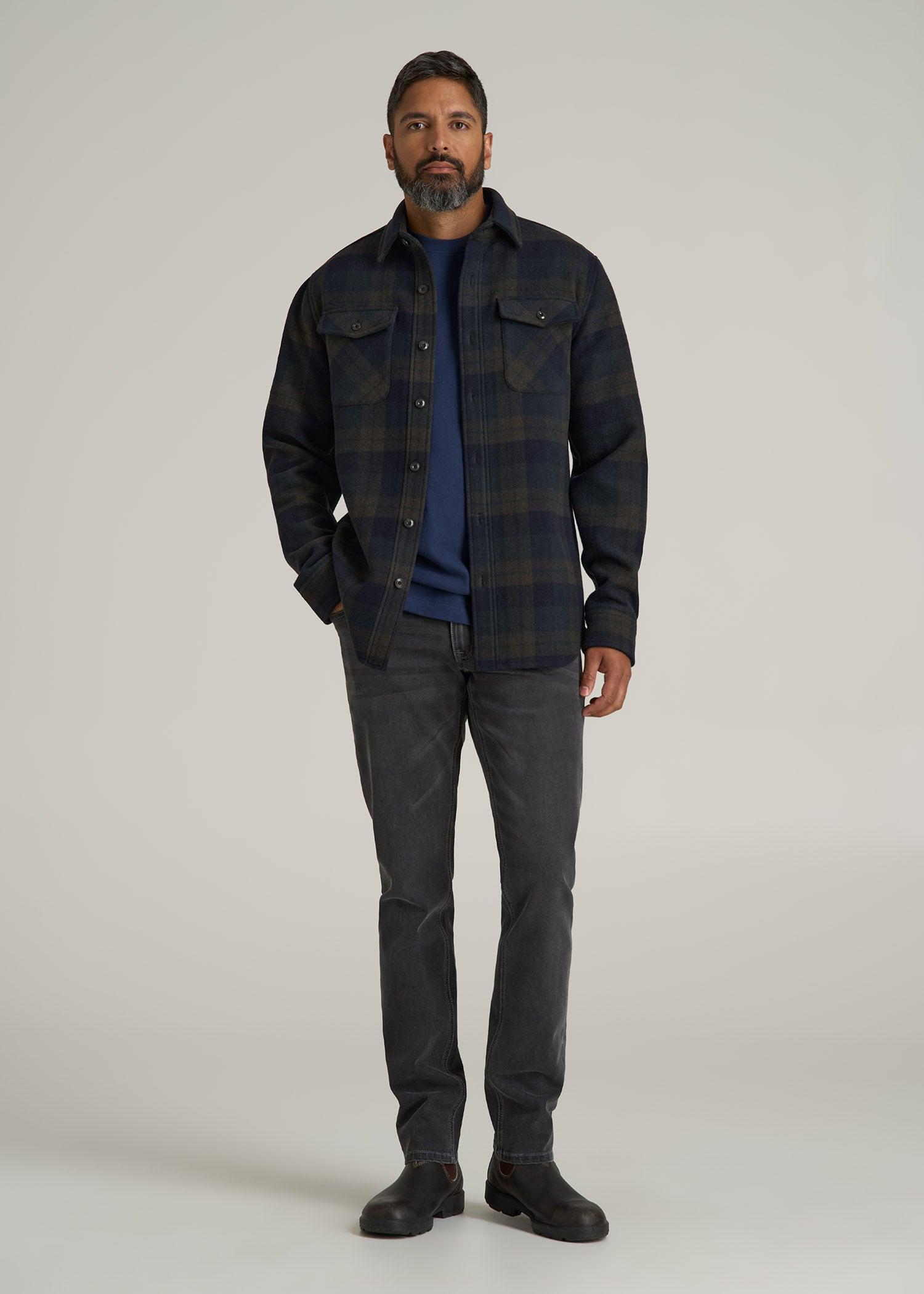 LJ&S Wool Blend Tall Men's Shirt Jacket in Green and Navy Plaid Product Image