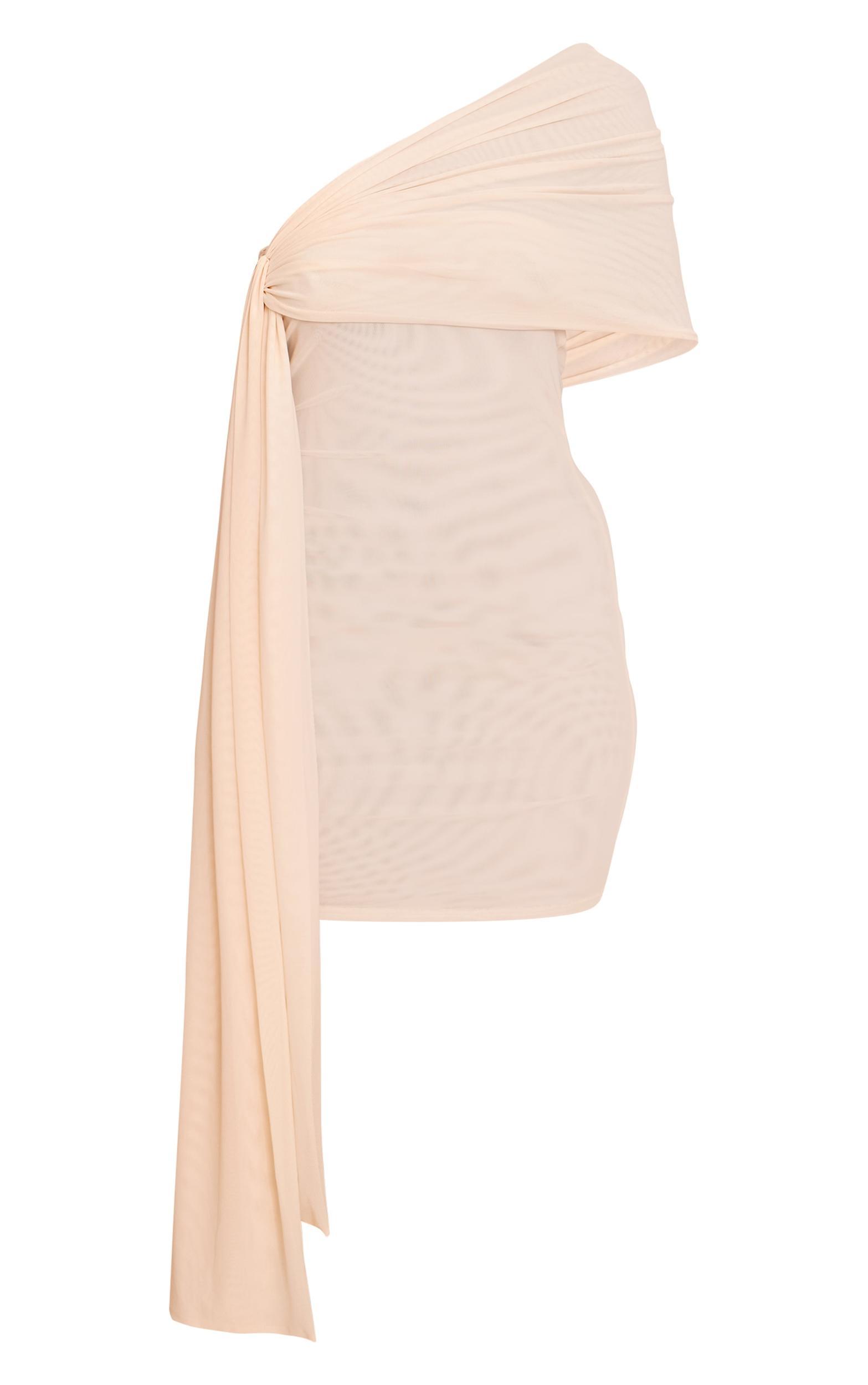Cream Double Mesh One Shoulder Mini Dress Product Image