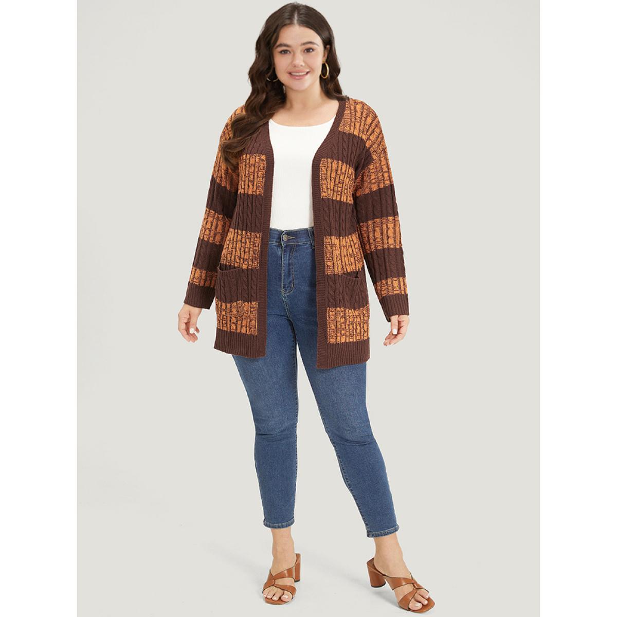 Plus Size Halloween Colorblock Cable Knit Patched Pocket Cardigan Chocolate Women Casual Loose Long Sleeve Festival-Halloween Cardigans BloomChic 26/4X Product Image