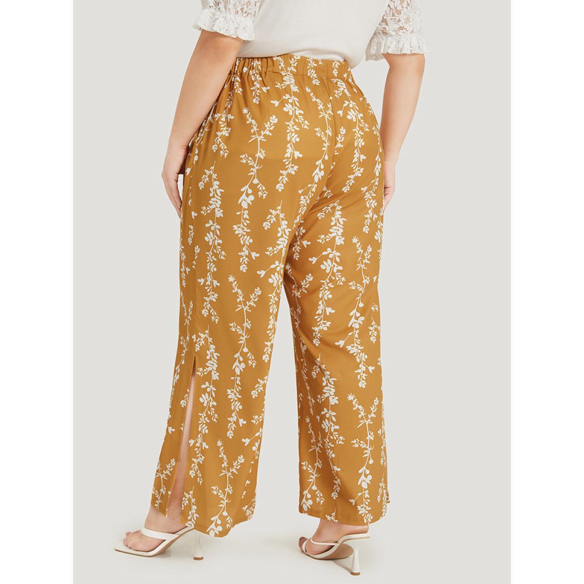 Plus Size Silhouette Floral Print Pocket Split Side Pants Women Yellow Elegant Straight Leg High Rise Dailywear Pants BloomChic 12/L Product Image