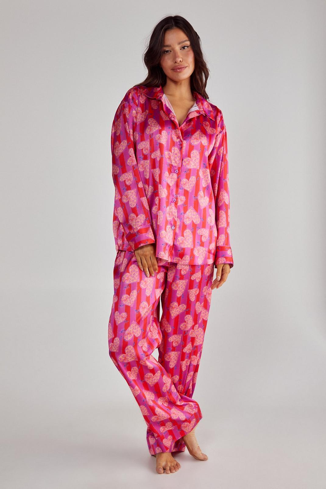 Stripe Heart Oversized Shirt Pajama Pants Set Product Image