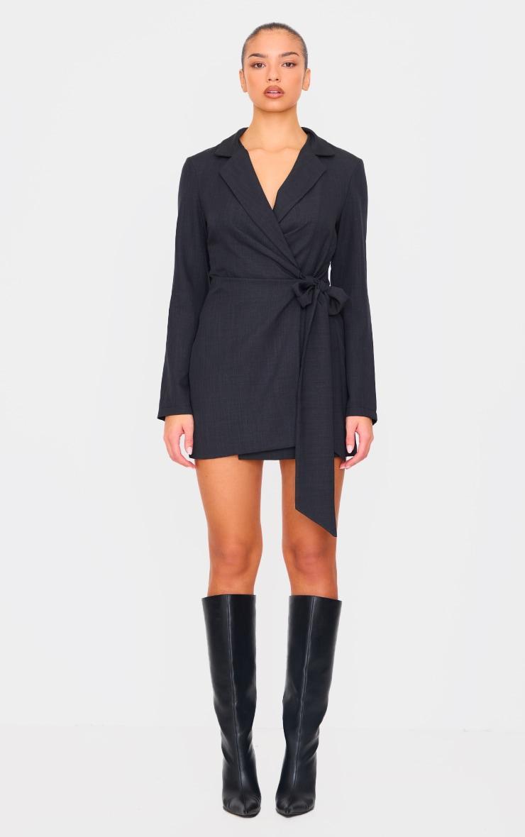  Black Woven Tie Wrap Blazer Dress Product Image