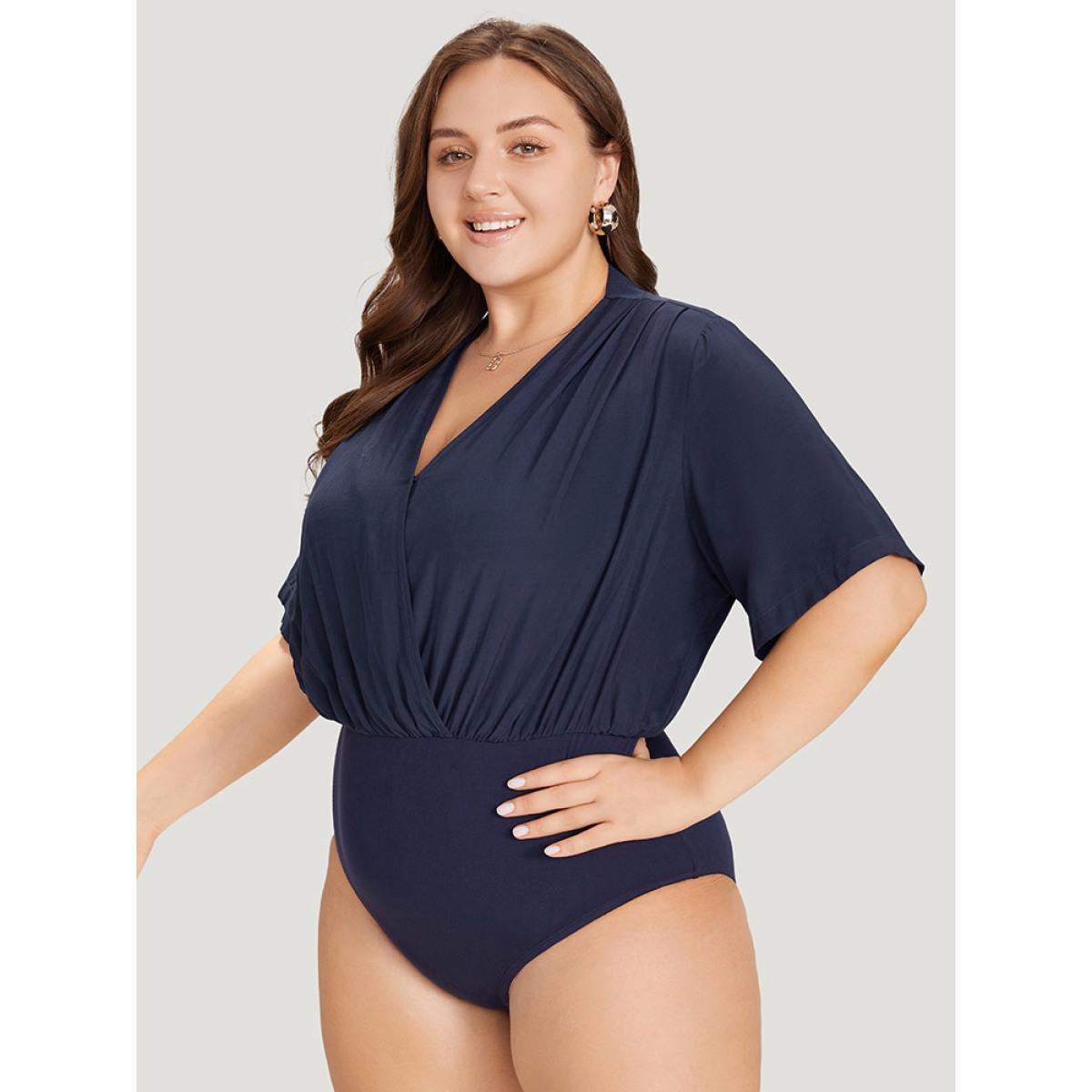 Plus Size Solid Overlap Collar Pleated Bodysuit Women Indigo Plain Wrap Bodysuits BloomChic 10/M Product Image