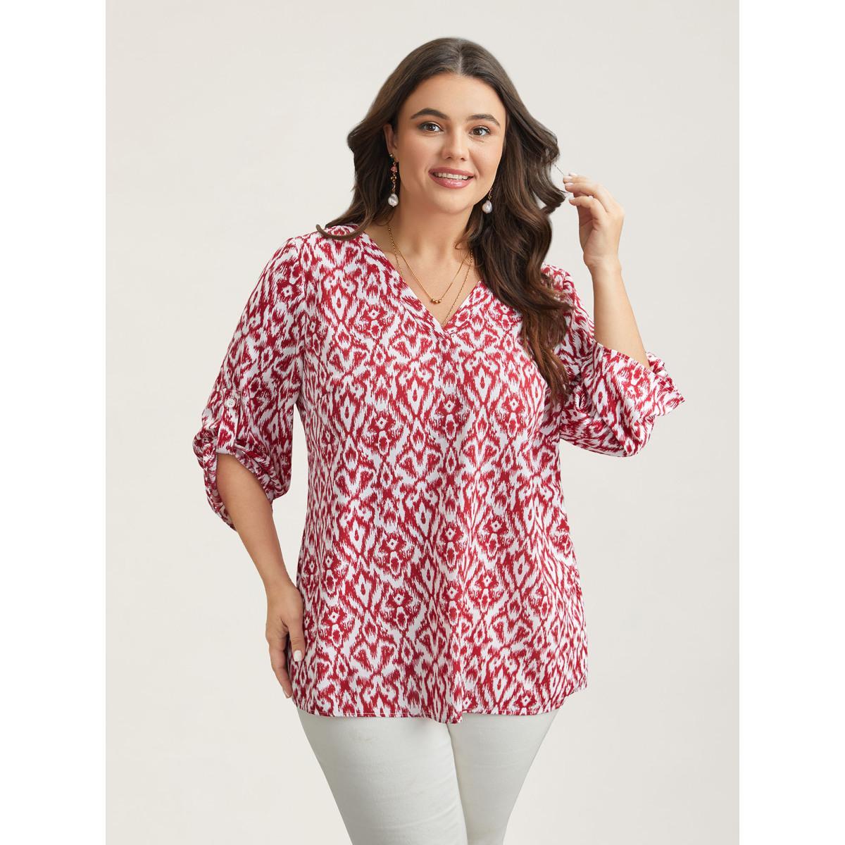 Plus Size Burgundy Geometric Print Gathered Sleeve Shirt Women Resort Elbow-length sleeve Notched collar Vacation Blouses BloomChic 18-20/2X Product Image