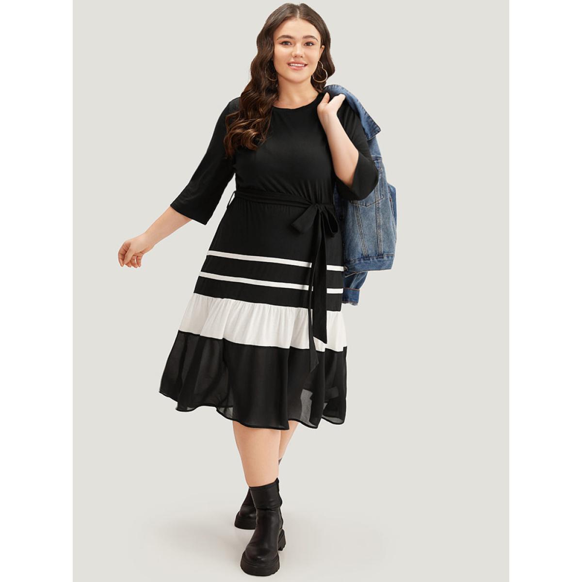 Plus Size Colorblock Contrast Belted Ruffle Layered Hem Dress Black Women Casual See through Round Neck Elbow-length sleeve Curvy Midi Dress BloomChic 26/4X Product Image