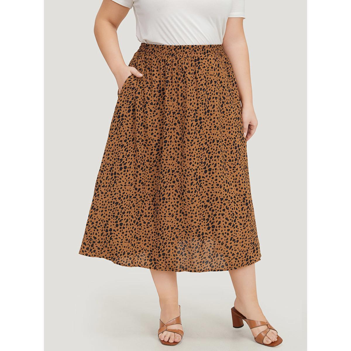 Plus Size Leopard Print Pocket Shirred Waist Skirt Women Leopard Elegant Pocket No stretch Pocket Dailywear Skirts BloomChic 14-16/1X Product Image