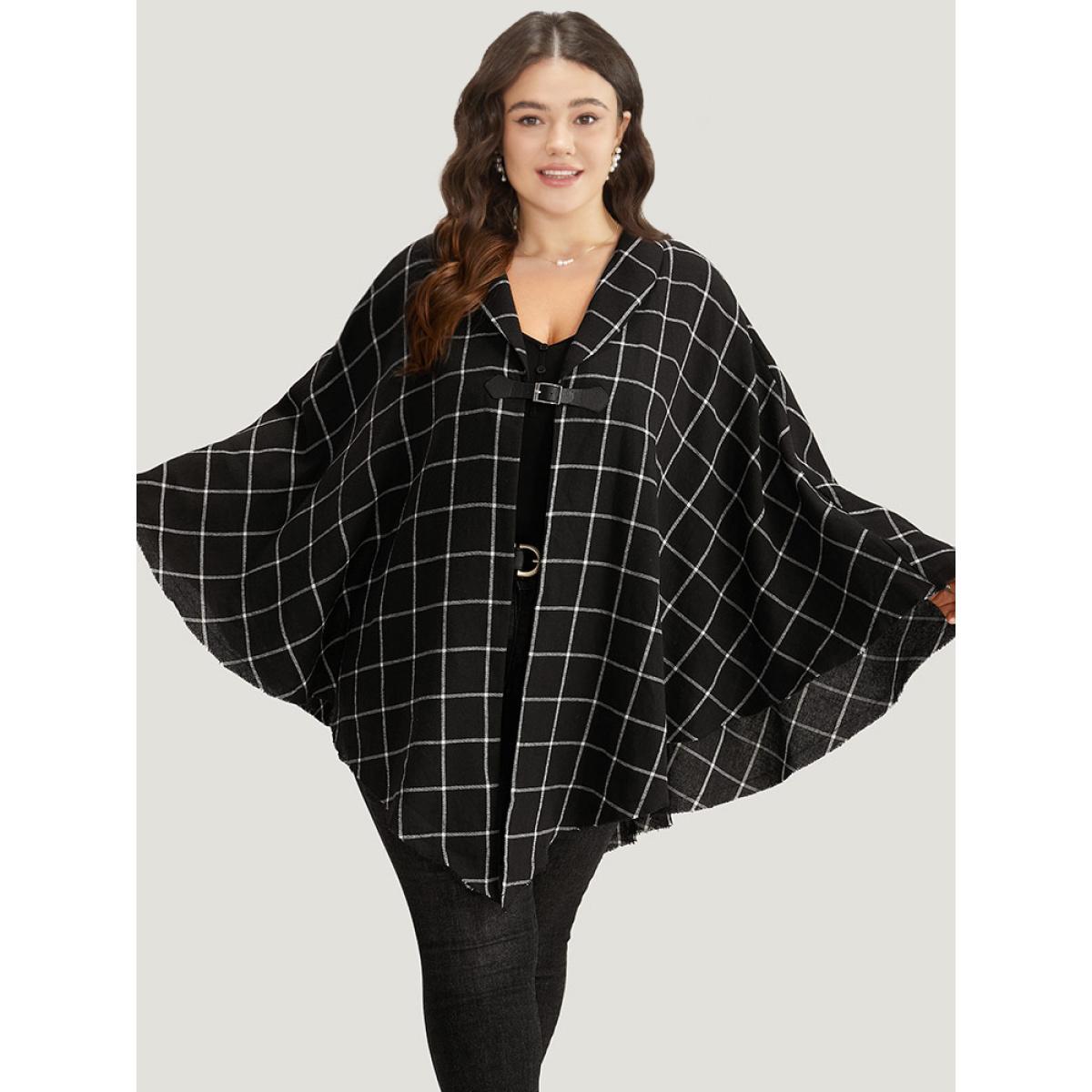 Plus Size Plaid Buckle Detail Cape Kimono Women Black Casual Contrast Loose Dailywear Kimonos BloomChic 26/4X Product Image