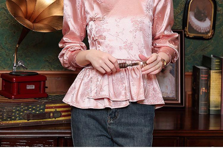 Puff-Sleeve High Neck Floral Jacquard Frog Buttoned Blouse Product Image