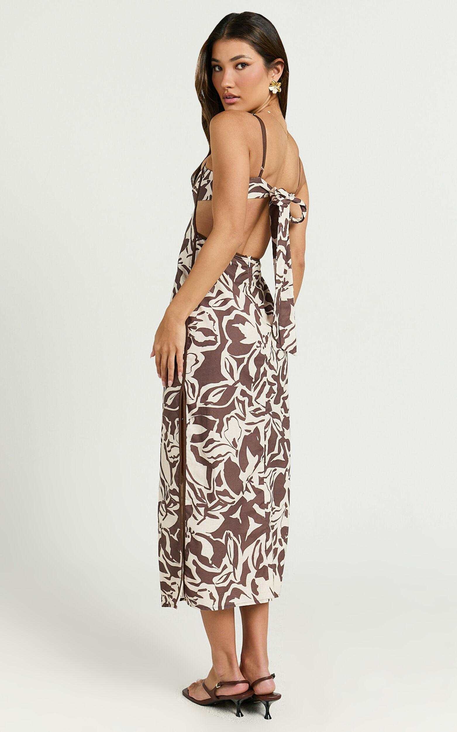 Gibson Midi Dress - Linen Scoop Neck Back Tie Dress in Tonal Stencil Floral Product Image