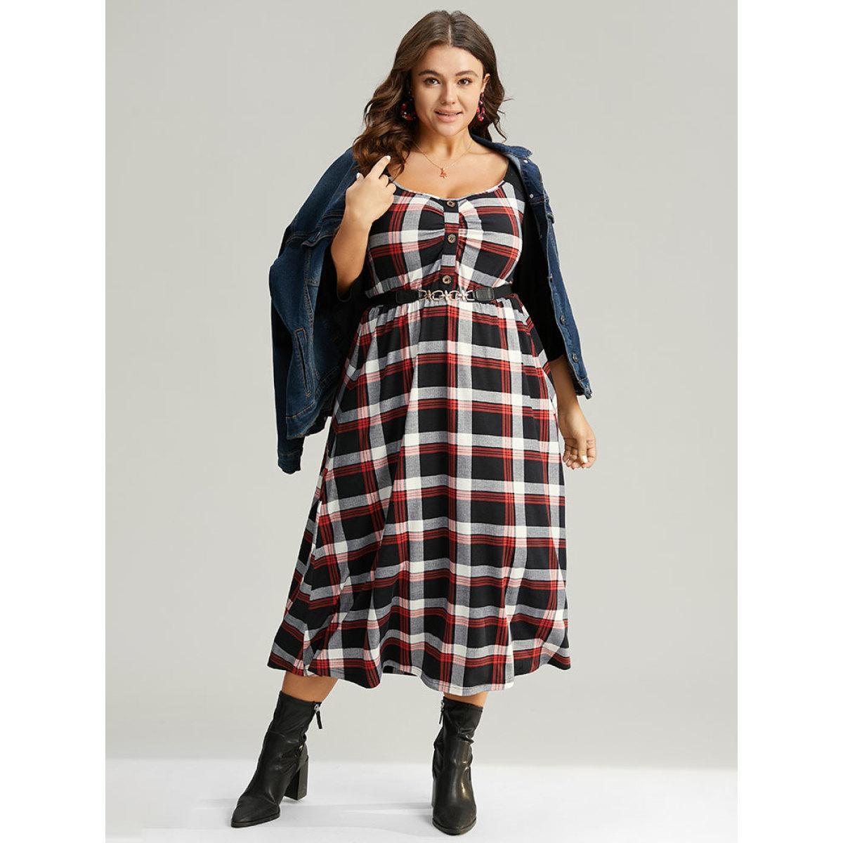 Plus Size Christmas Plaid Patchwork Pleated Square Neck Dress Red Women Office Printed Square Neck Elbow-length sleeve Curvy Midi Dress BloomChic 30/6X Product Image