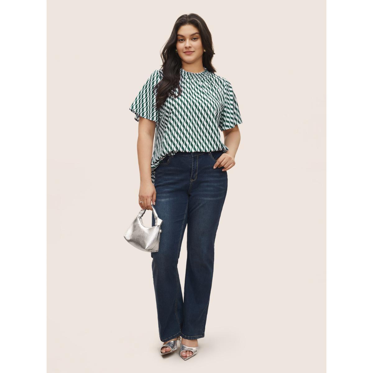 Plus Size DarkGreen Geometric Mock Neck Shirred Ruffle Sleeve Blouse Women At the Office Short sleeve Mock Neck Work Blouses BloomChic 12/L Product Image