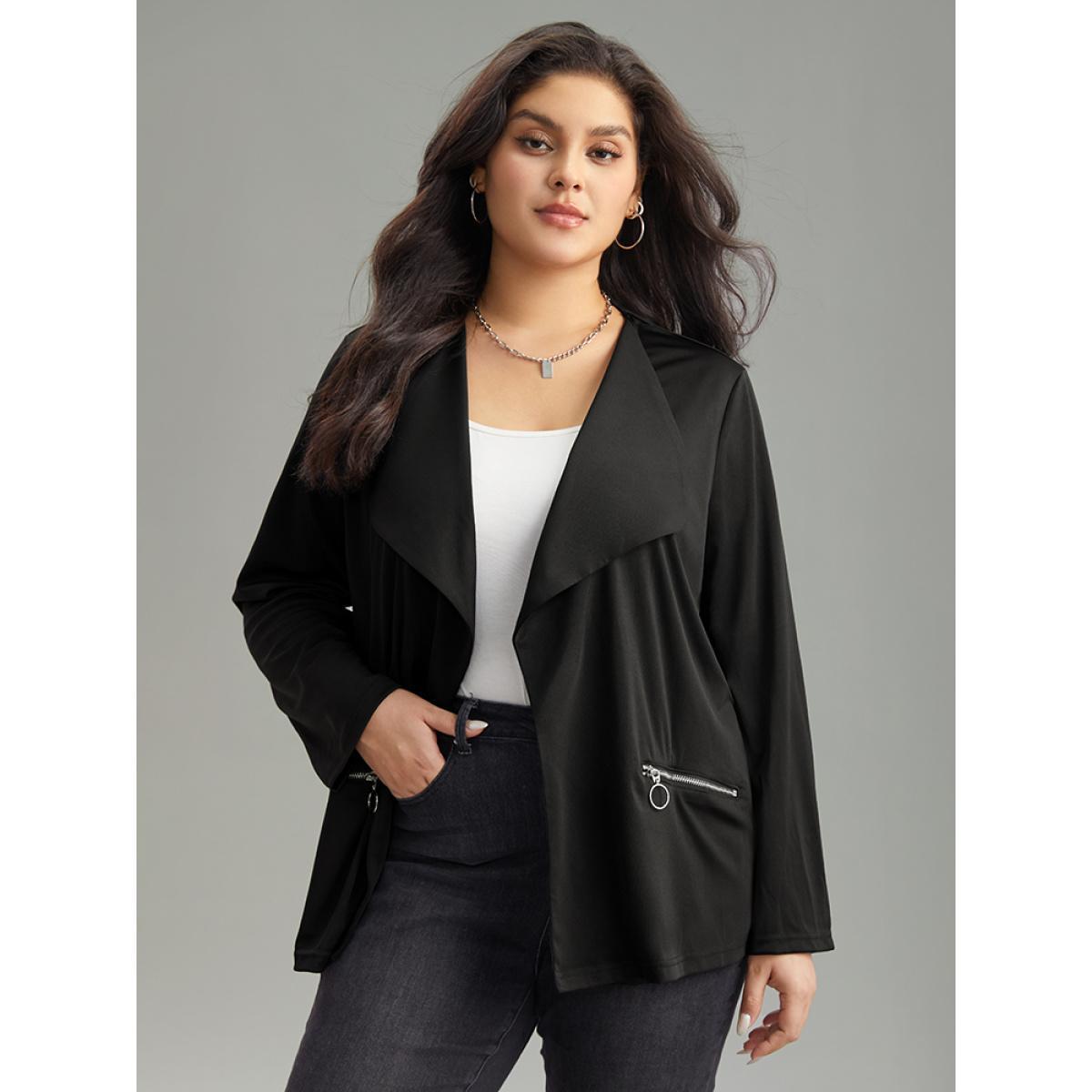 Plus Size Lapel Collar Zipper Pocket Blazer Black Women Dailywear Zipper Sleeve Long Sleeve Non 12/L Pocket Casual Blazers BloomChic Product Image