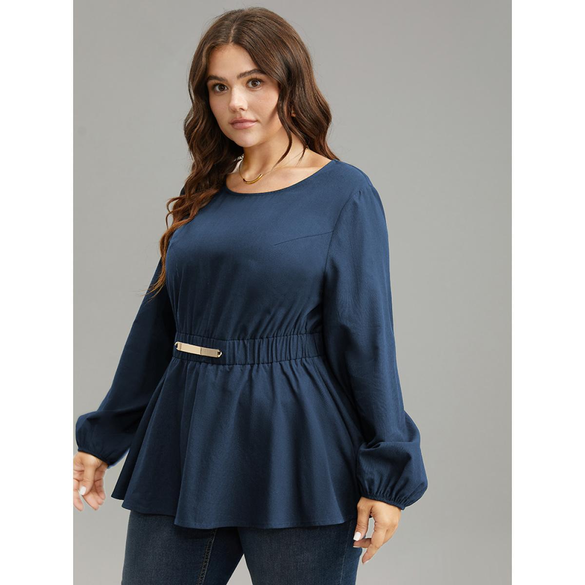 Plus Size Indigo Cotton Solid Metal Detail Lantern Sleeve Blouse Women Office Long Sleeve Round Neck Work Blouses BloomChic 30/6X Product Image