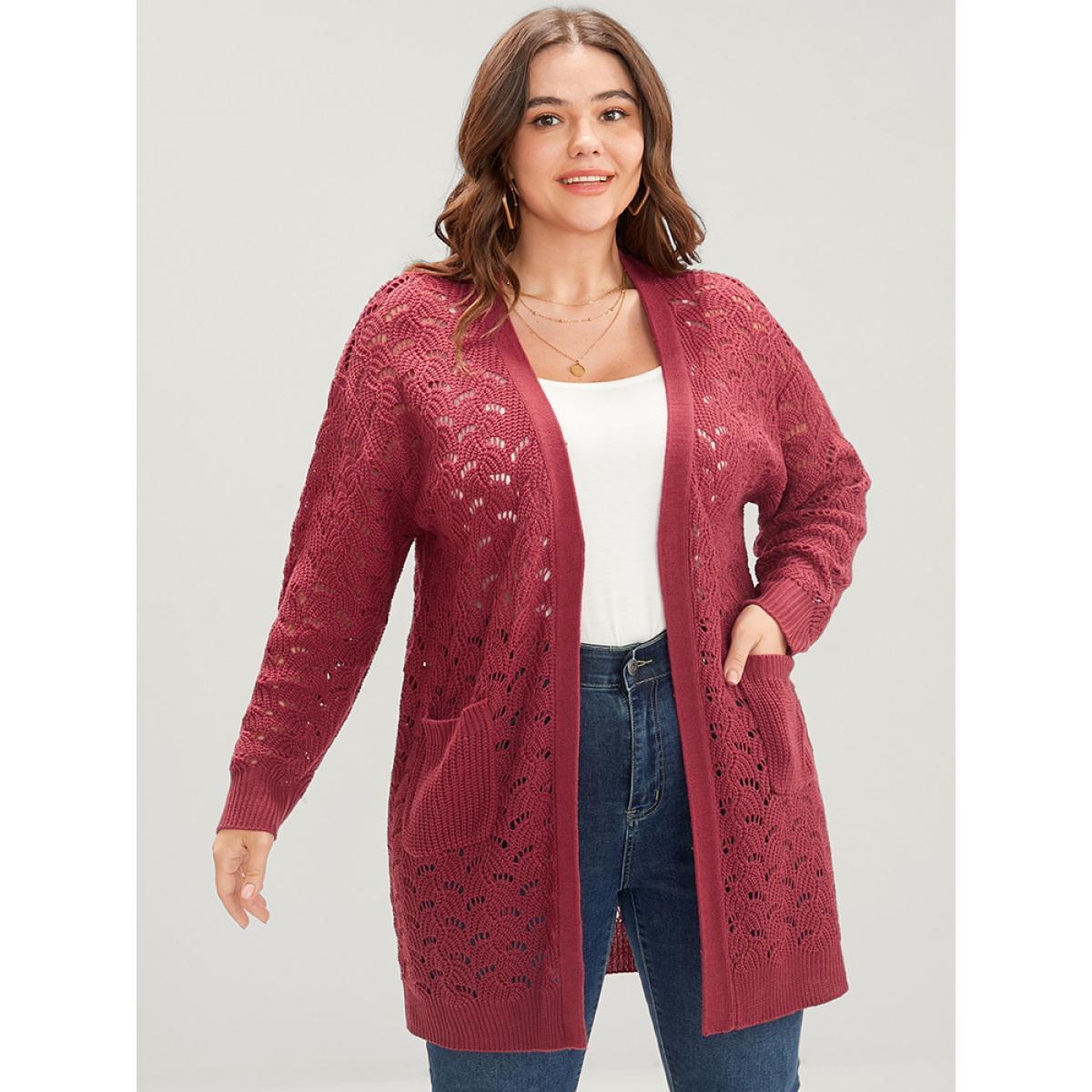 Plus Size Plain Pointelle Knit Cut Out Pocket Open Front Mid Long Cardigan Burgundy Women Casual Loose Long Sleeve Dailywear Cardigans BloomChic 10/M Product Image