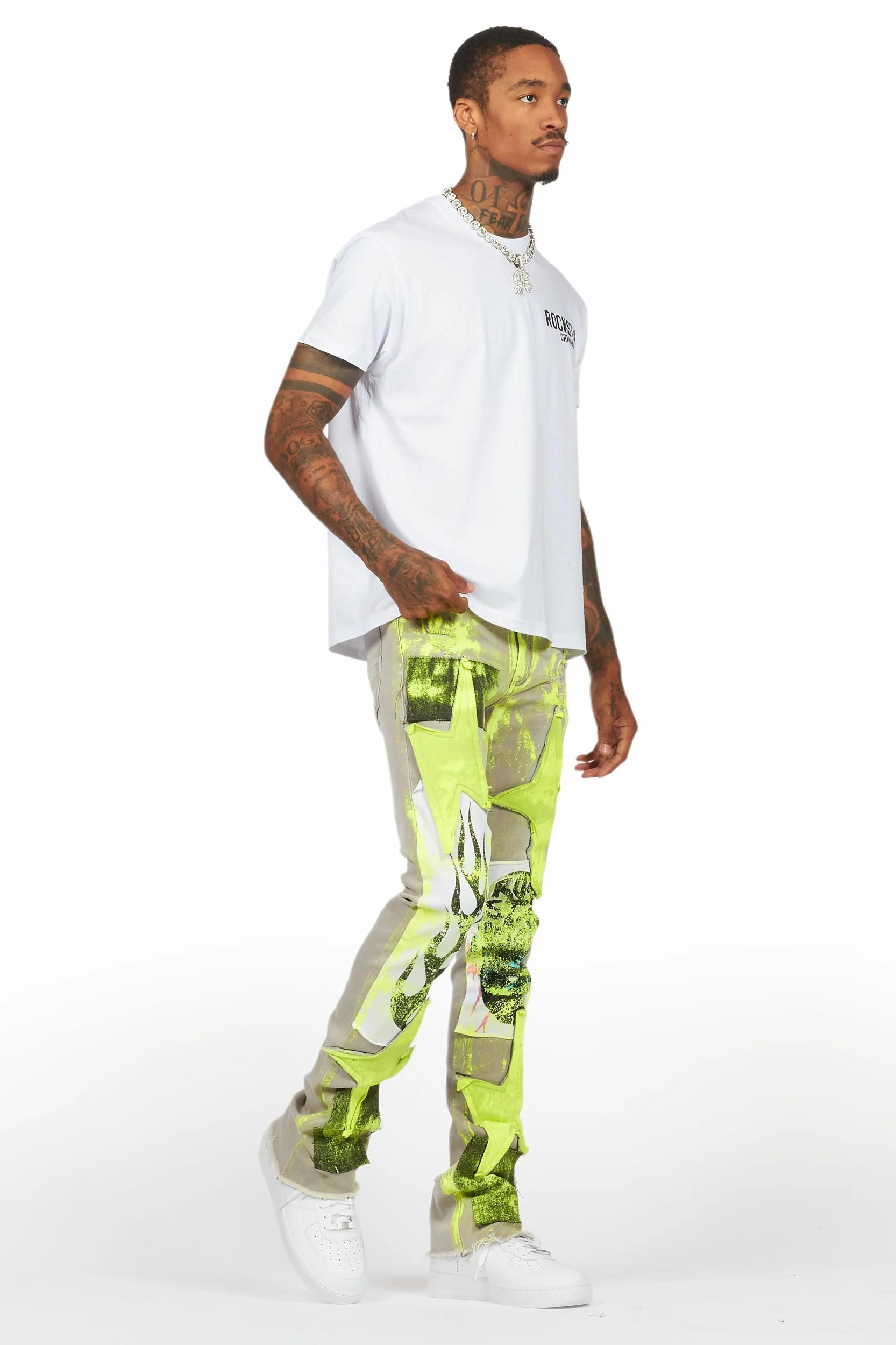 Edge Grey/Yellow Roller Paint Stacked Flare Jean Male Product Image