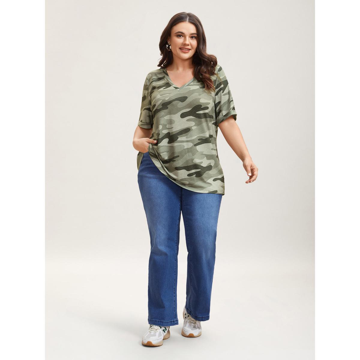 Plus Size Camouflage Print V-Neck Curvy T-Shirt Multicolor Women Elegant Roll Hem V-neck Everyday T-shirts BloomChic 18-20/2X Product Image