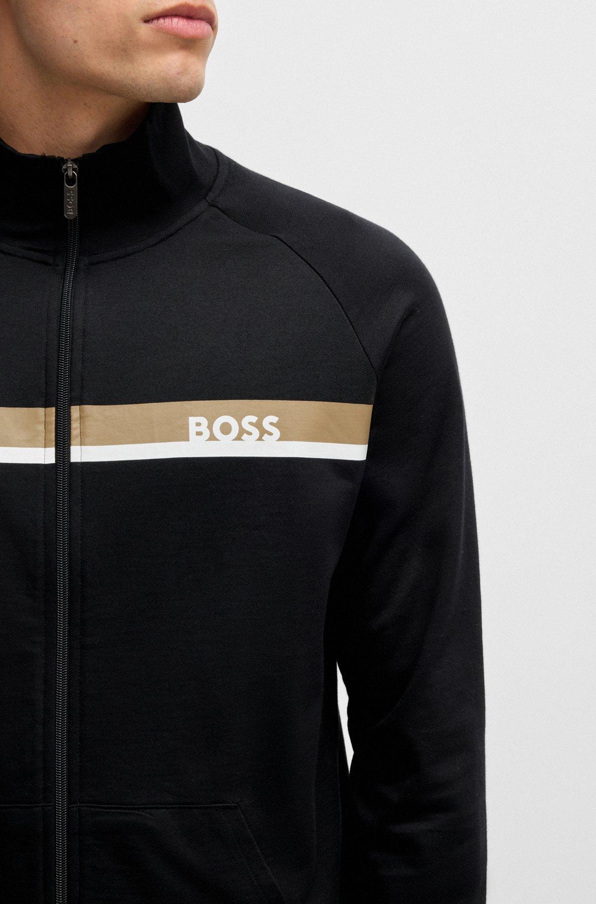 BOSS - Cotton-terry zip-up jacket with stripe print - Black Product Image