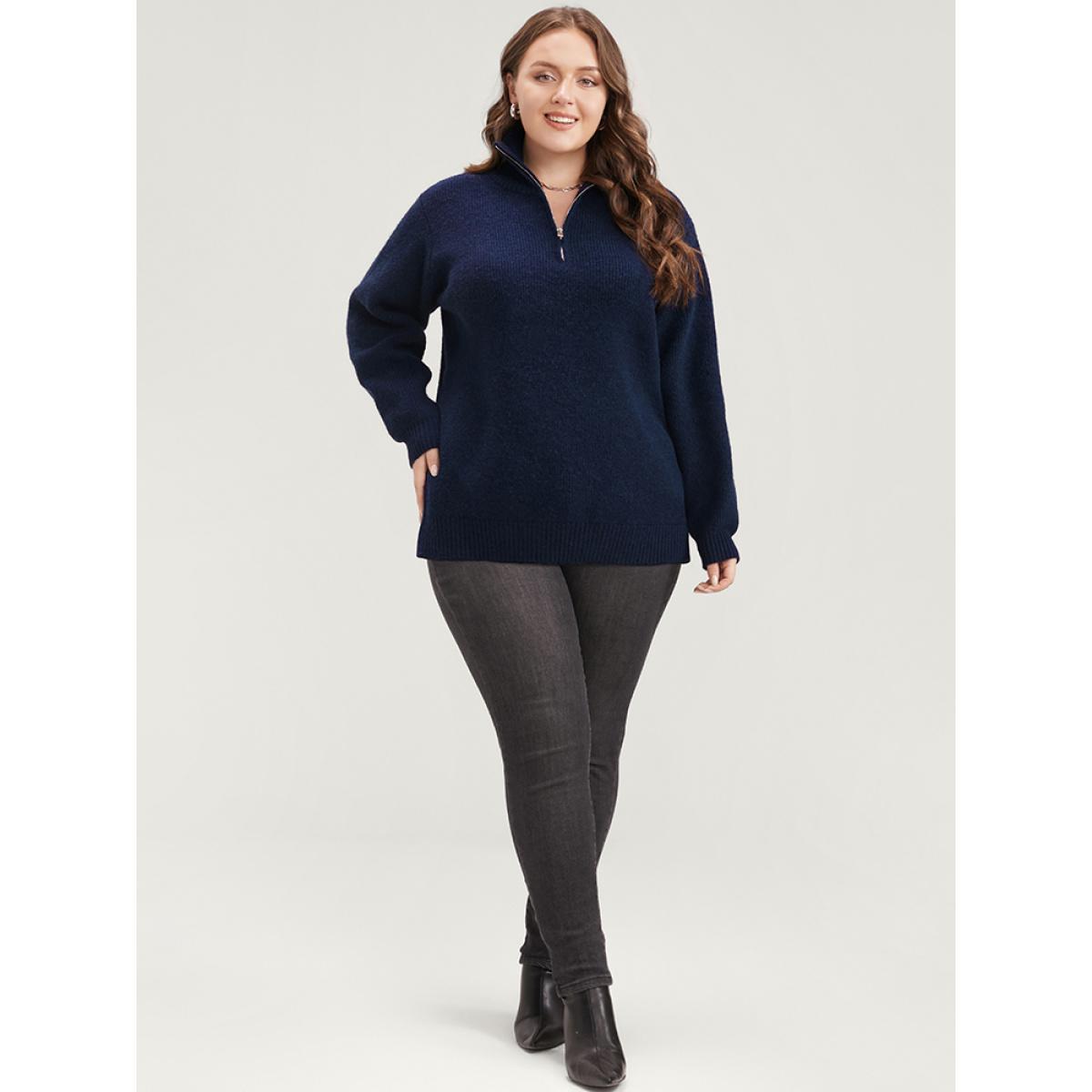 Plus Size Solid Super Soft Plush Knit Zip Neck Knit Top DarkBlue Women Casual Loose Long Sleeve Lapel Collar Dailywear Pullovers BloomChic 14-16/1X Product Image