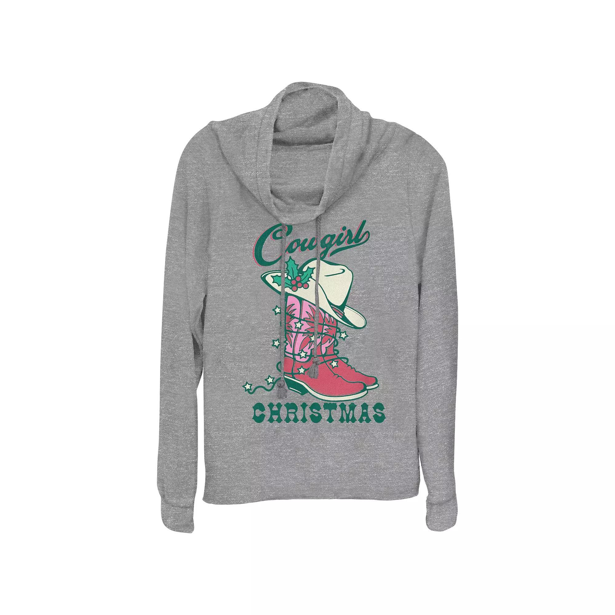 Womens Cowgirl Christmas Hat And Boots Cowlneck Graphic Lightweight Long Sleeve Gray Grey Product Image
