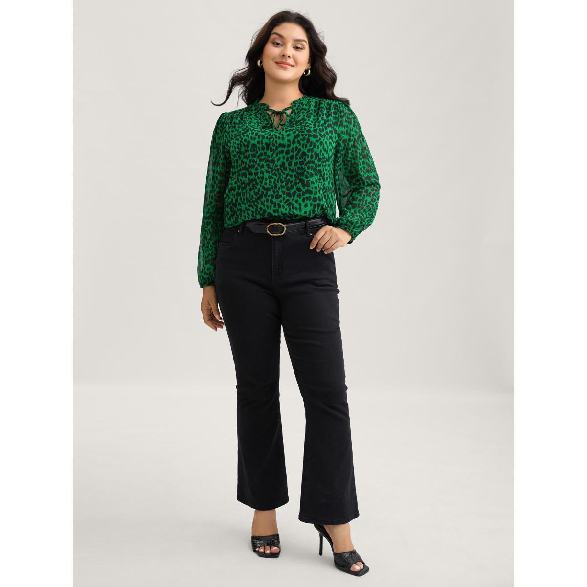 Plus Size DarkGreen Leopard Print Tie Knot Lantern Sleeve Blouse Women Elegant Long Sleeve V-neck Everyday Blouses BloomChic 30/6X Product Image