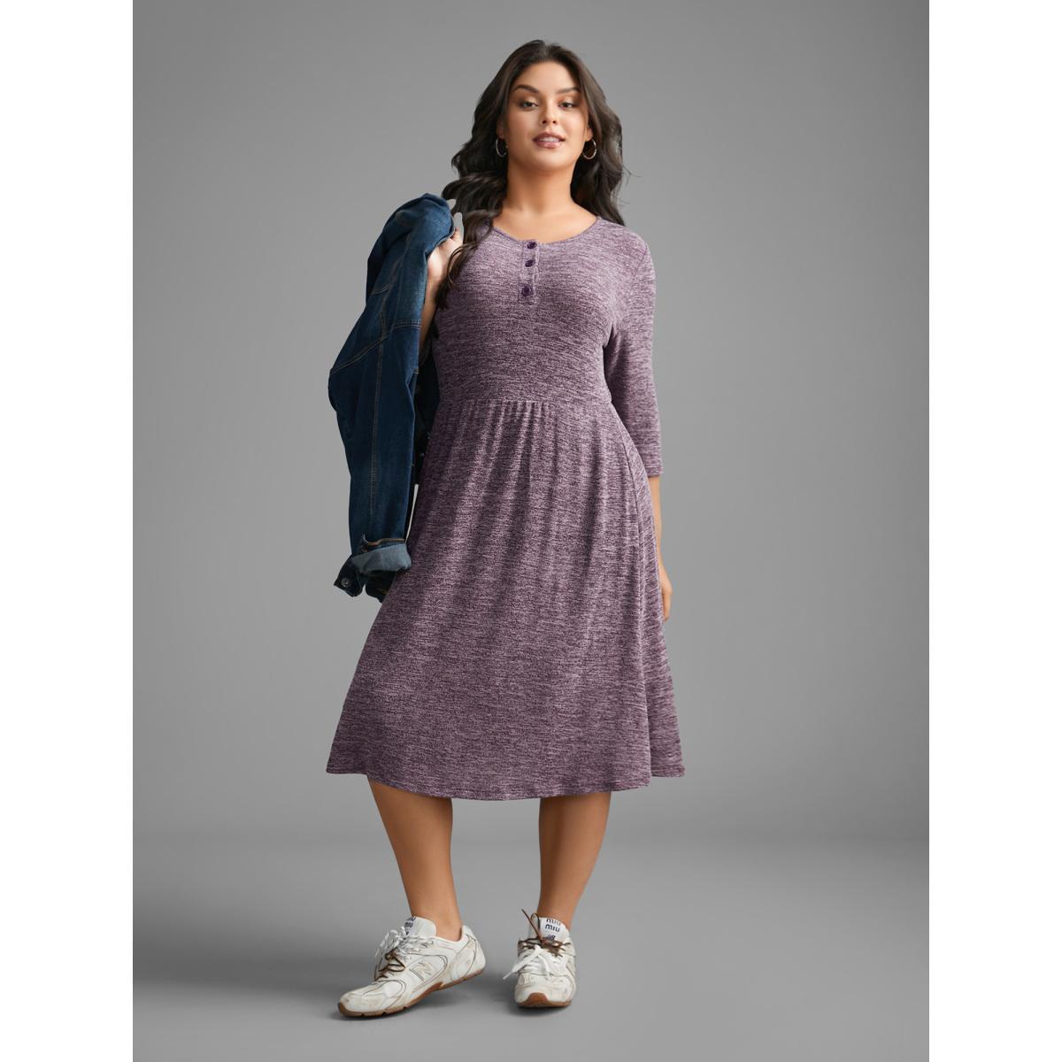 Plus Size Solid Heather Button Up Knit Dress Deeppurplered Women Casual Button Knit Dresses Bloomchic 30/6X Product Image