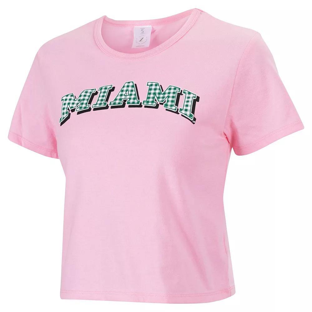 Women's ZooZatz Pink Miami Hurricanes Gingham Logo Cropped T-Shirt, Size: Medium Product Image