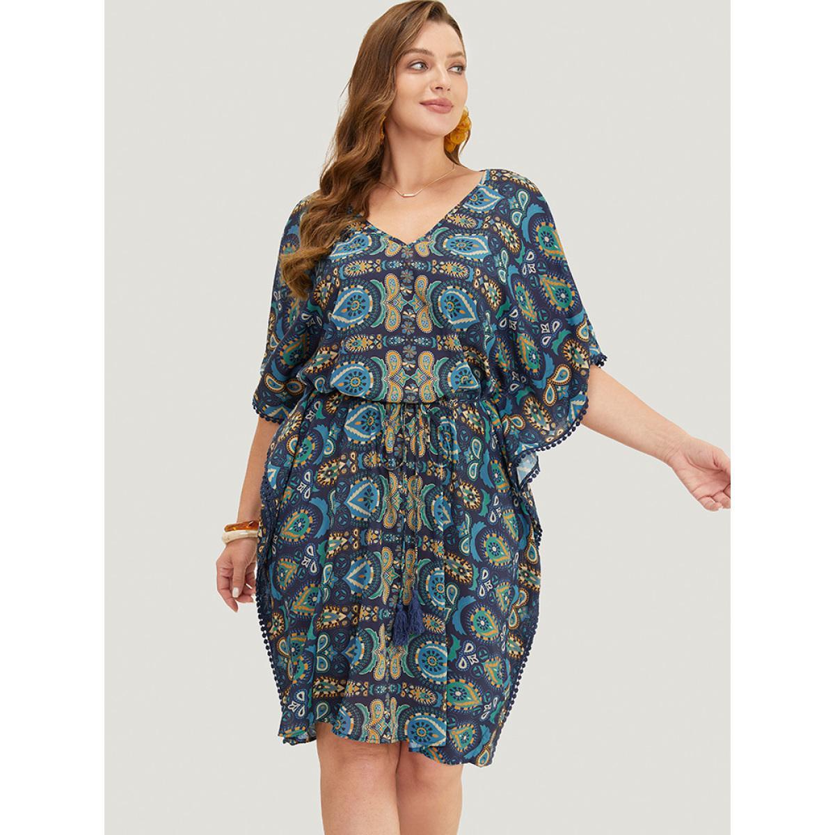 Plus Size Paisley Print Dolman Sleeve Tassels Pompom Trim Cover Up Women Blue Vacation See through Loose Belt Dailywear Kimonos BloomChic 14-16/1X Product Image