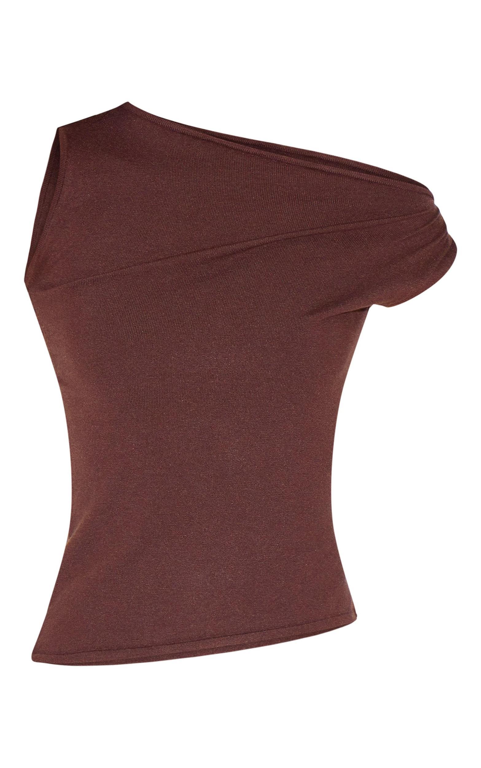  Chocolate Basic Knit Asymmetric Twist Sleeve Vest Top Product Image