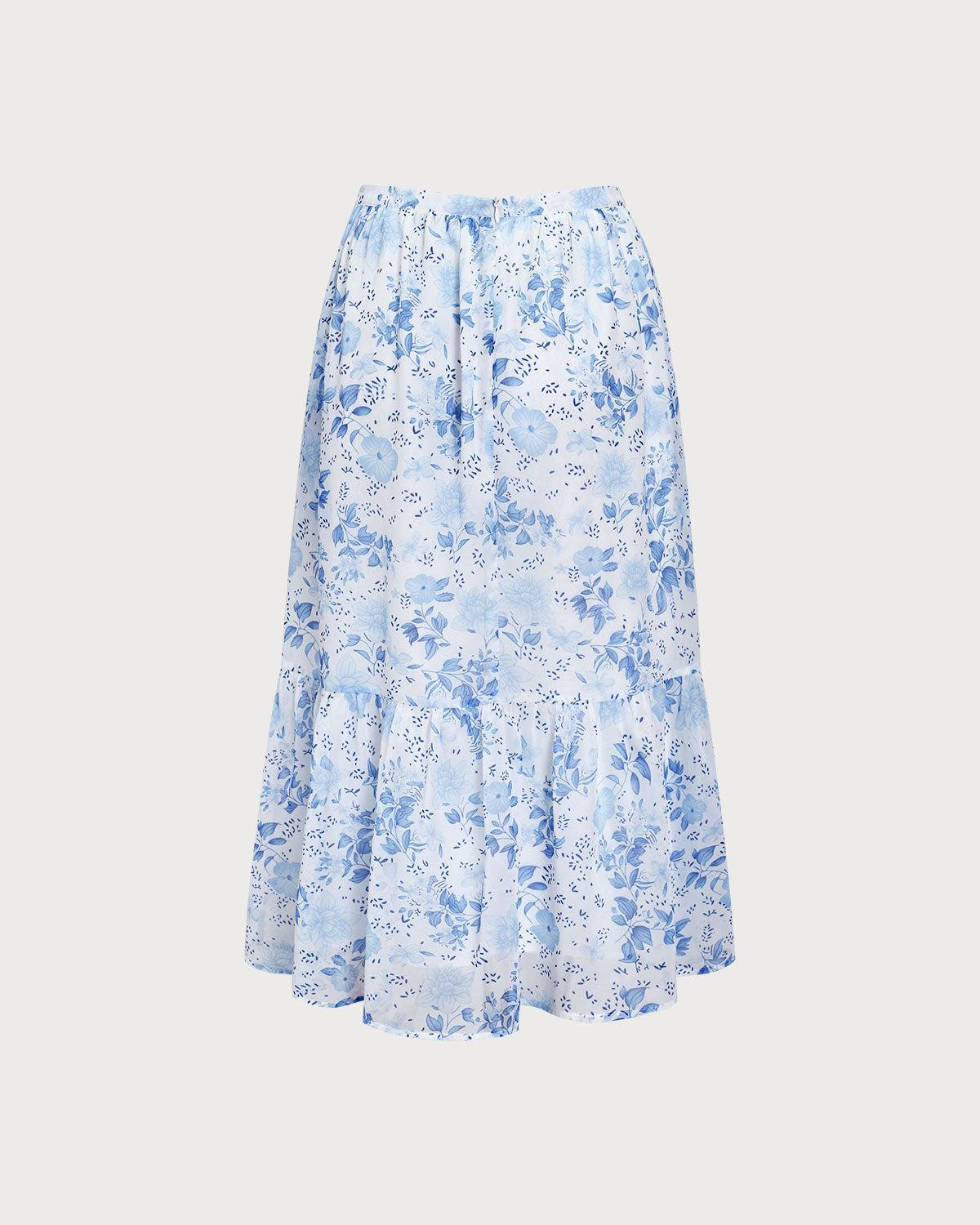 Blue Floral Flared Midi Skirt Product Image