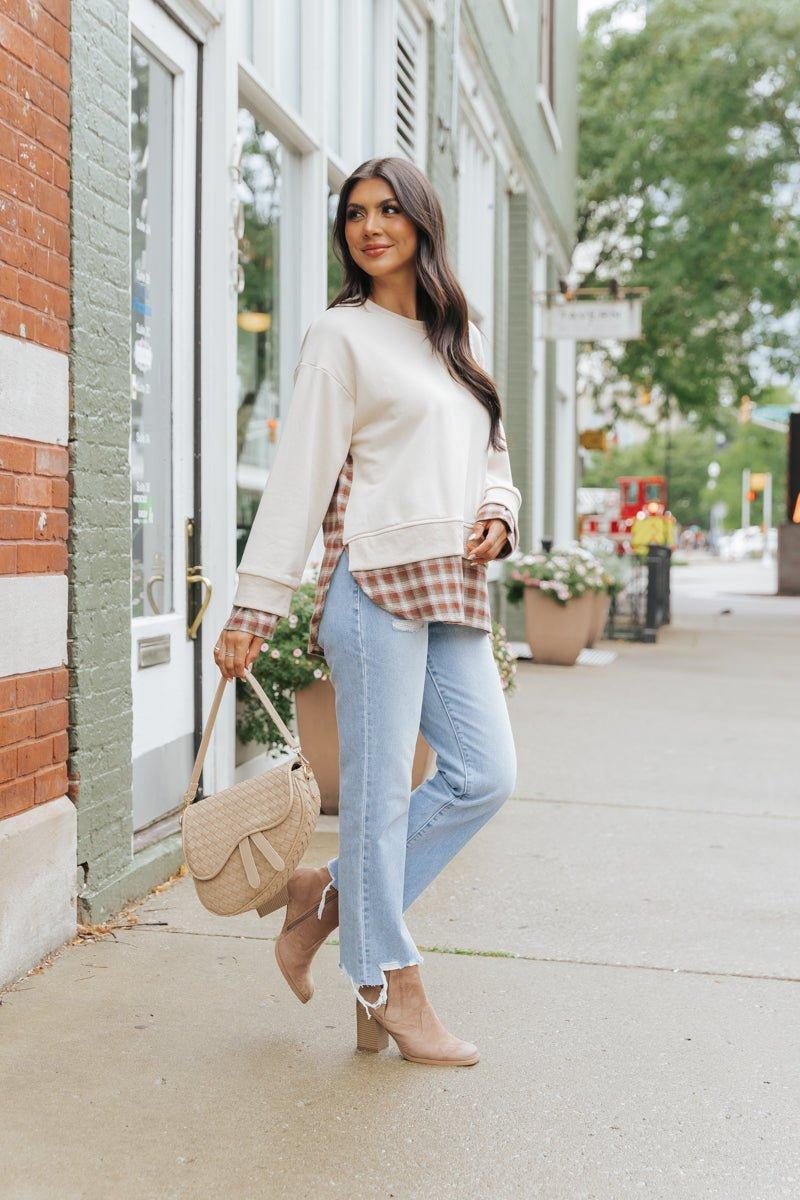 Taupe Plaid French Terry Sweatshirt Product Image