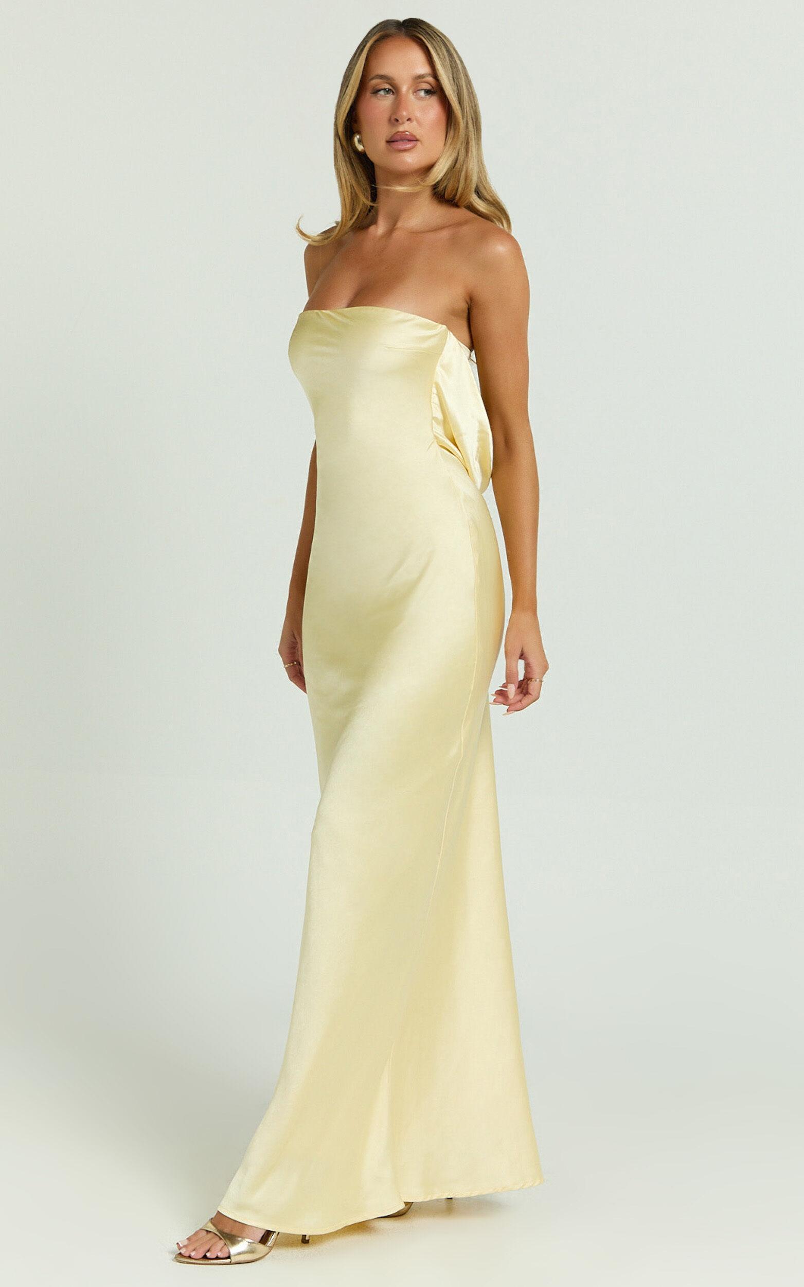 Charlita Maxi Dress - Strapless Cowl Back Satin Dress in Butter Yellow Product Image